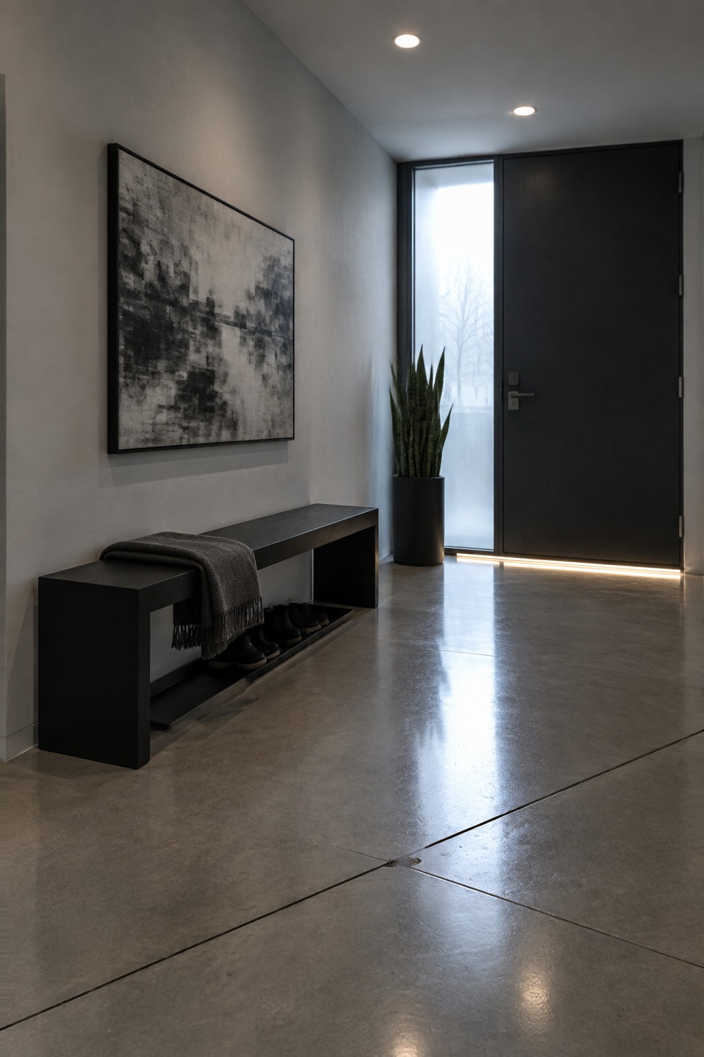 A modern interior entryway with a dark bench holding shoes and a folded blanket, a large abstract painting on the wall, a potted plant, and a black door with a recessed light strip along the floor.