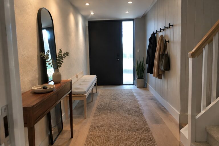 A narrow interior hallway with light wood floors, a long woven runner, a wooden bench with cushion, wall hooks with coats, a mirror and console table, potted plants, and a black front door, lit by multiple recessed ceiling lights.