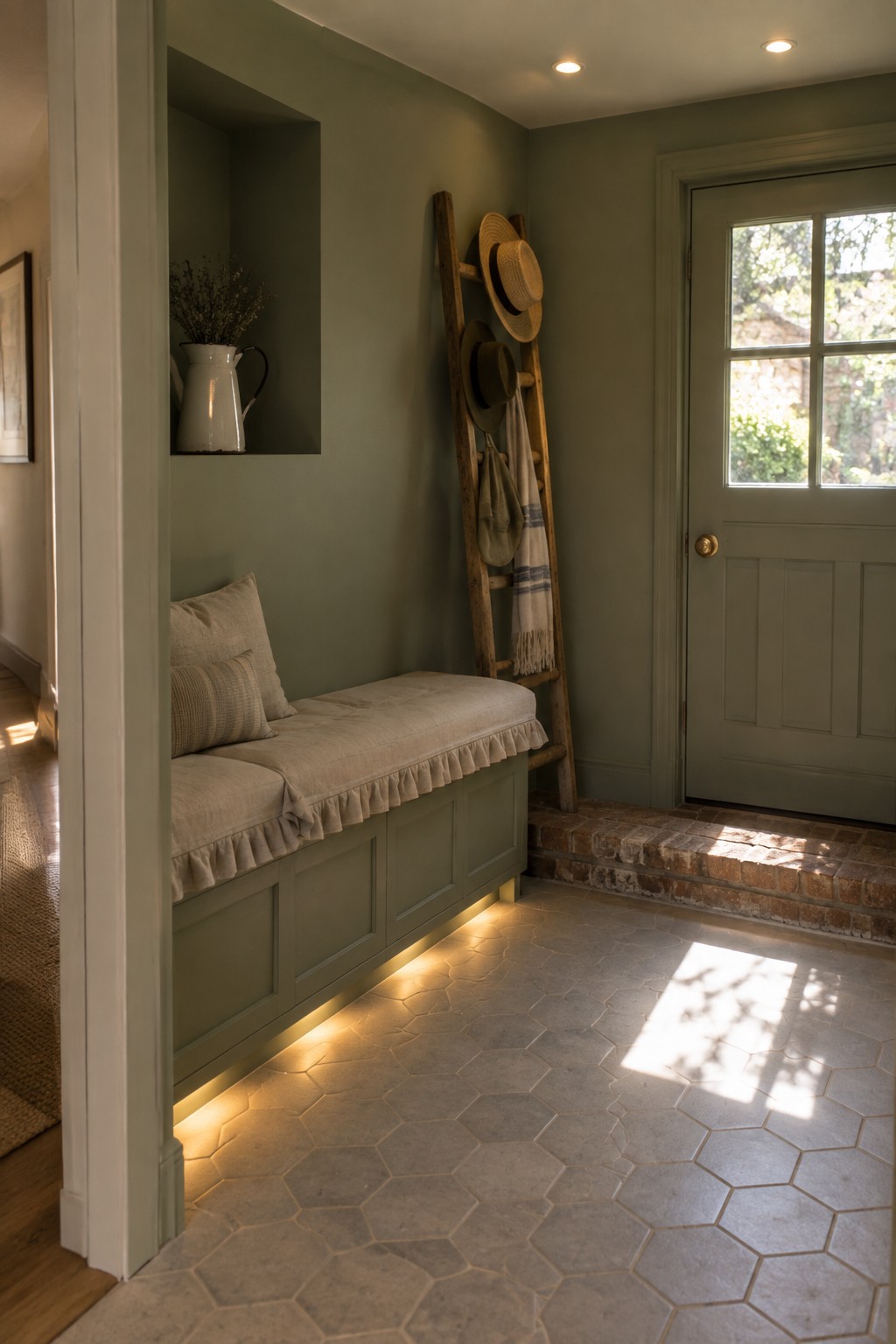 Sage green entryway with linen bench, hat-laden ladder, niche pitcher, and sunlit hexagonal tiles.
