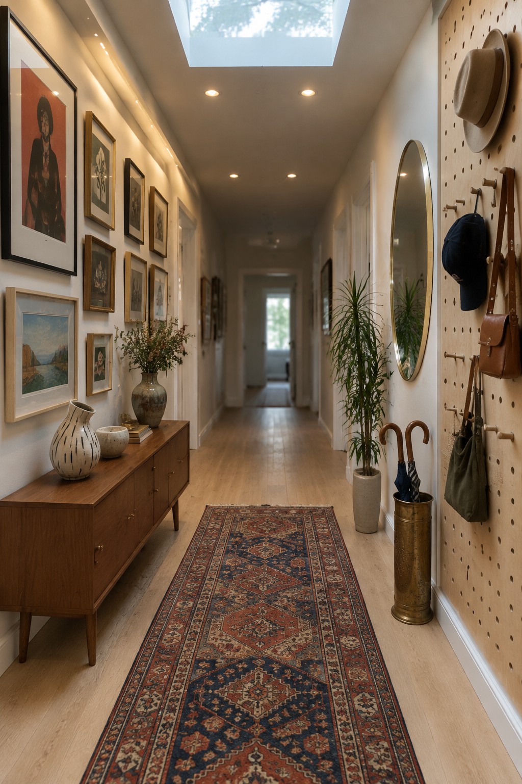 Narrow hallway with gallery wall, wooden console, runner rug, pegboard, and skylight