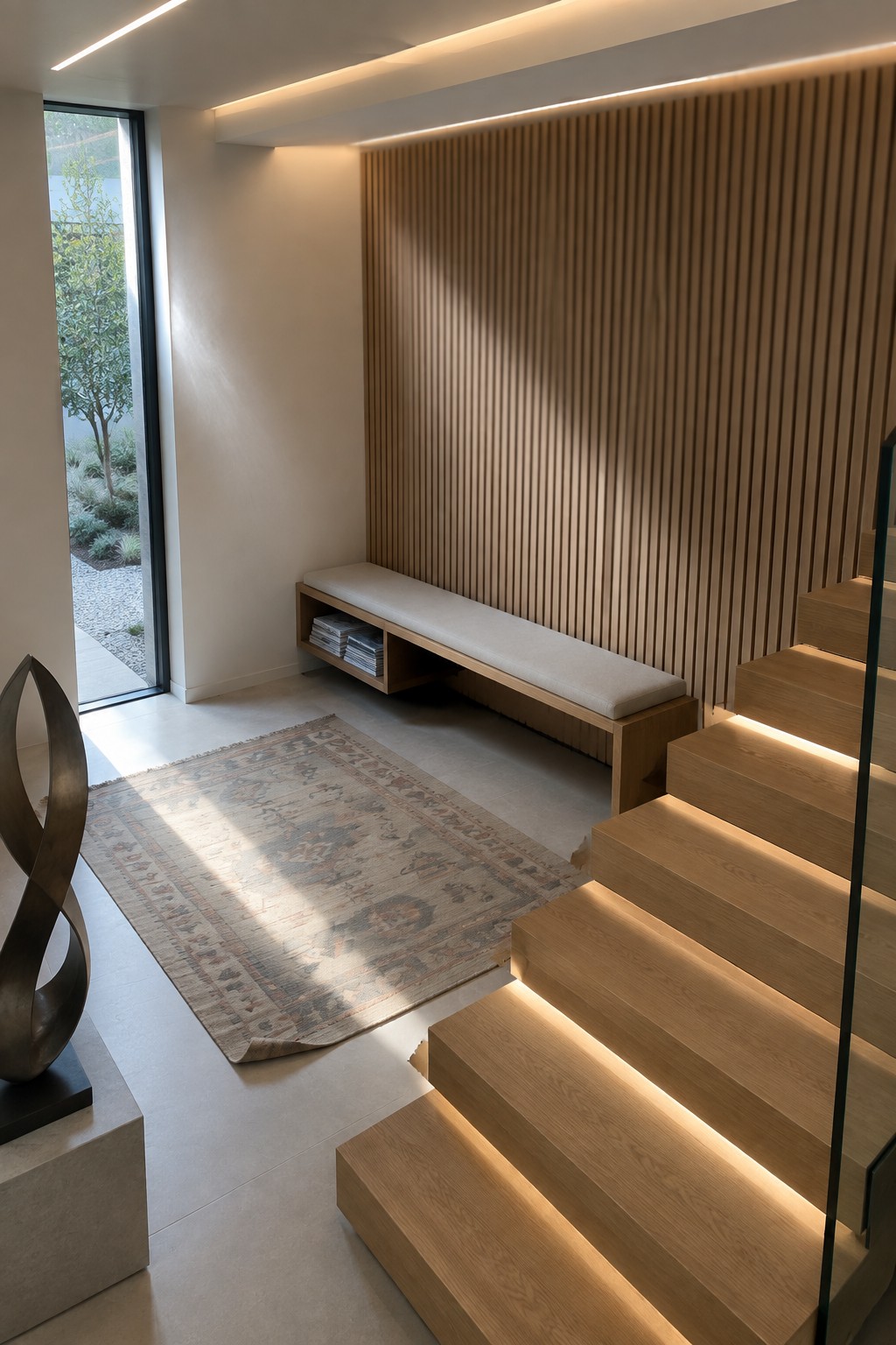 Modern interior entryway with light wood floating stairs that have built-in LED strips, a long linear recessed ceiling light, a cushioned bench under vertical wood slats, a patterned rug, and a tall glass door on the left.