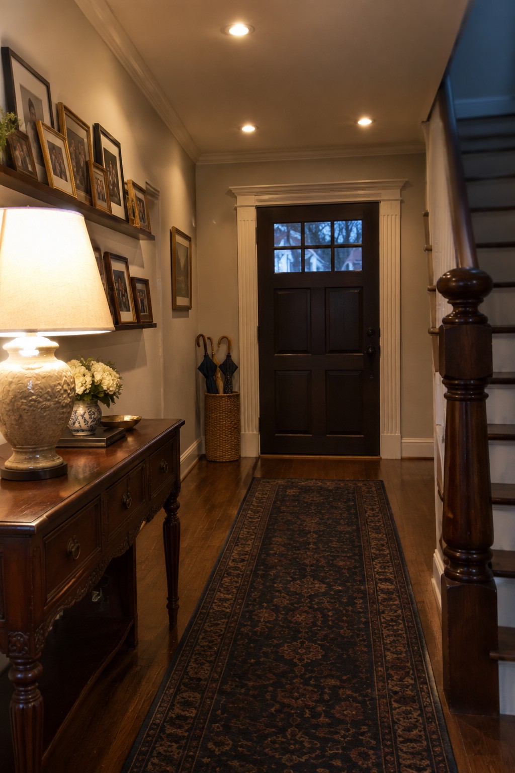 A narrow home entryway with wood floors, a long patterned runner, a dark wood console table with a lit lamp on the left, framed photos on a shelf above it, umbrellas in a basket, a dark paneled front door with white trim, and multiple recessed ceiling lights.