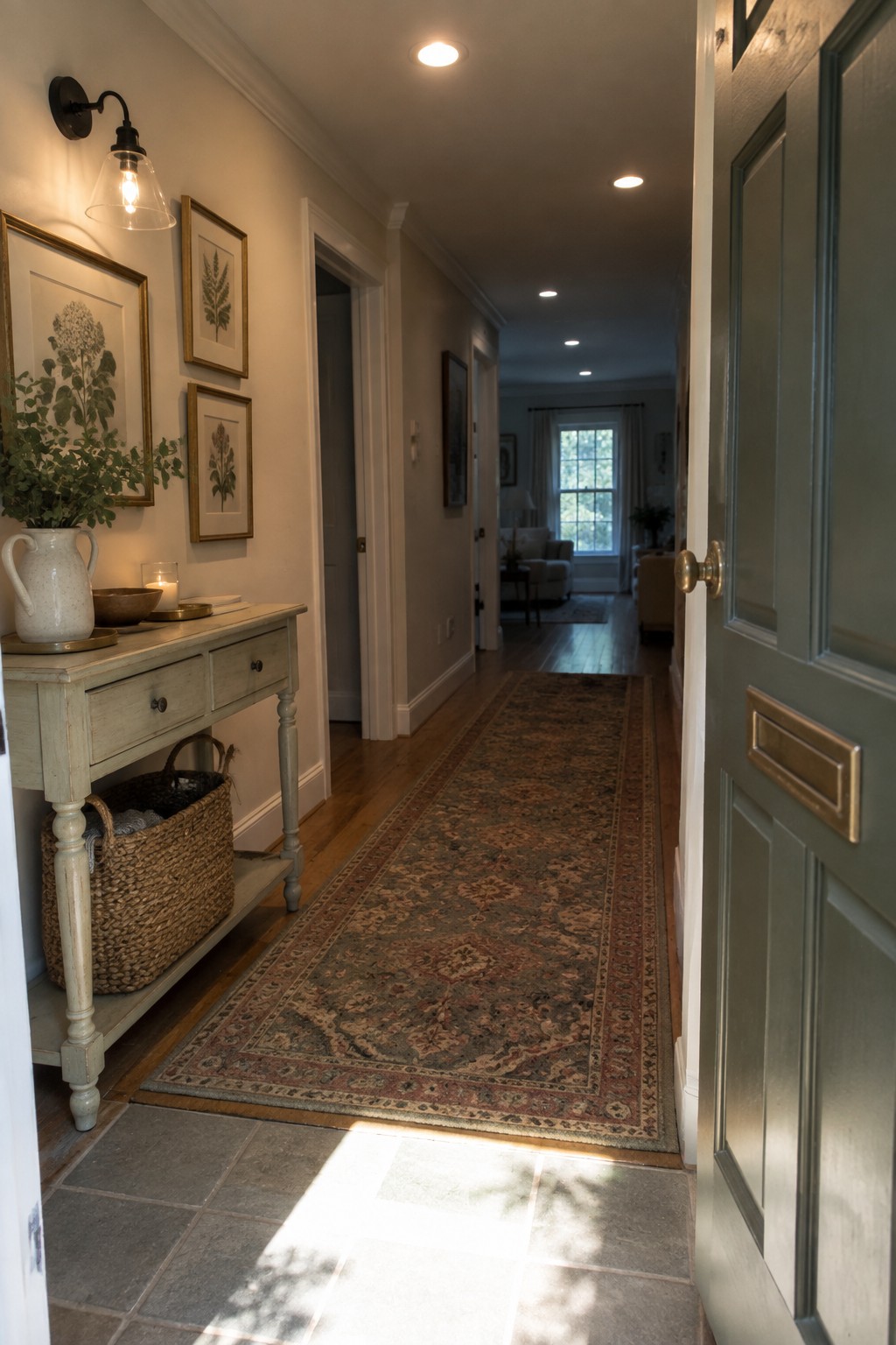 A narrow home hallway with recessed ceiling lights, a light wood console table holding a vase and framed prints on the left wall, a long patterned runner rug, and a green door on the right.