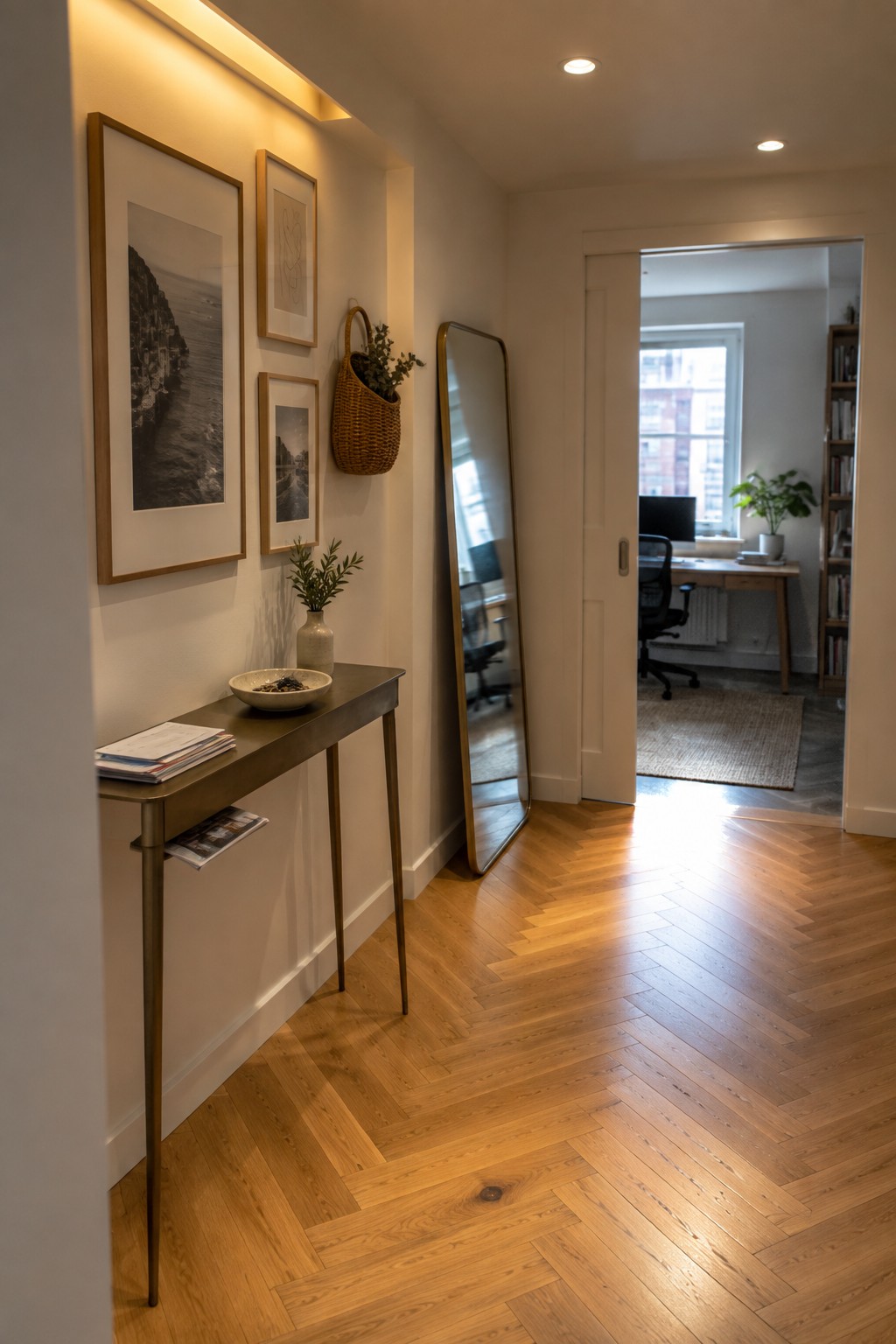 A narrow interior hallway with herringbone wood flooring, a slim console table holding magazines and a bowl, framed art on the left wall, a tall leaning mirror, and recessed ceiling lights.