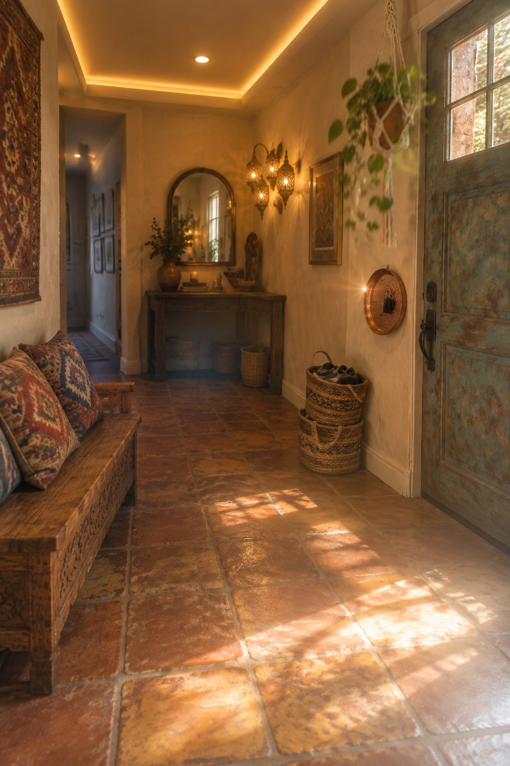 A home entryway with terracotta tile flooring, a wooden bench with patterned cushions on the left, a console table with an arched mirror and wall sconces on the right wall, woven baskets, and a weathered blue door with a hanging plant.