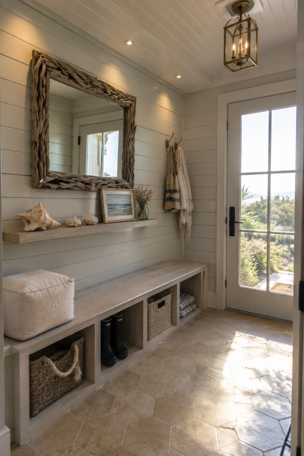 An interior entryway with white shiplap walls, a long wooden bench with cubby storage, a large rustic mirror, a hanging brass lantern, and recessed ceiling lights.