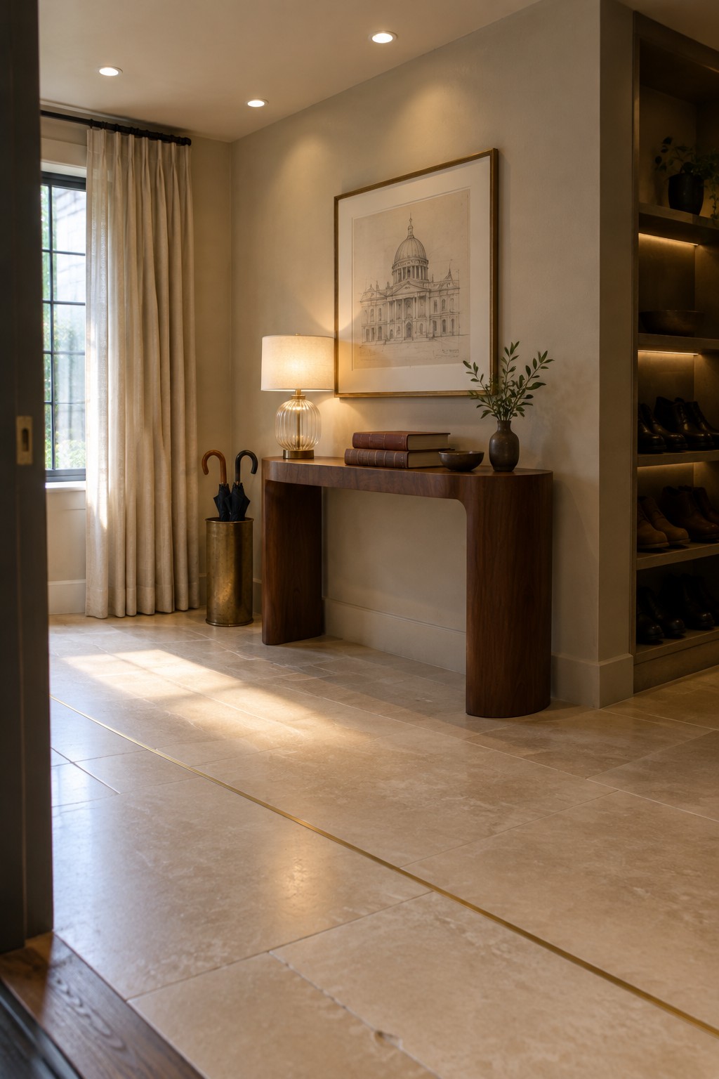 A home entryway with beige tiled floors, a dark wood console table holding a lit table lamp and stacked books, a framed architectural print above it, and multiple recessed ceiling lights.