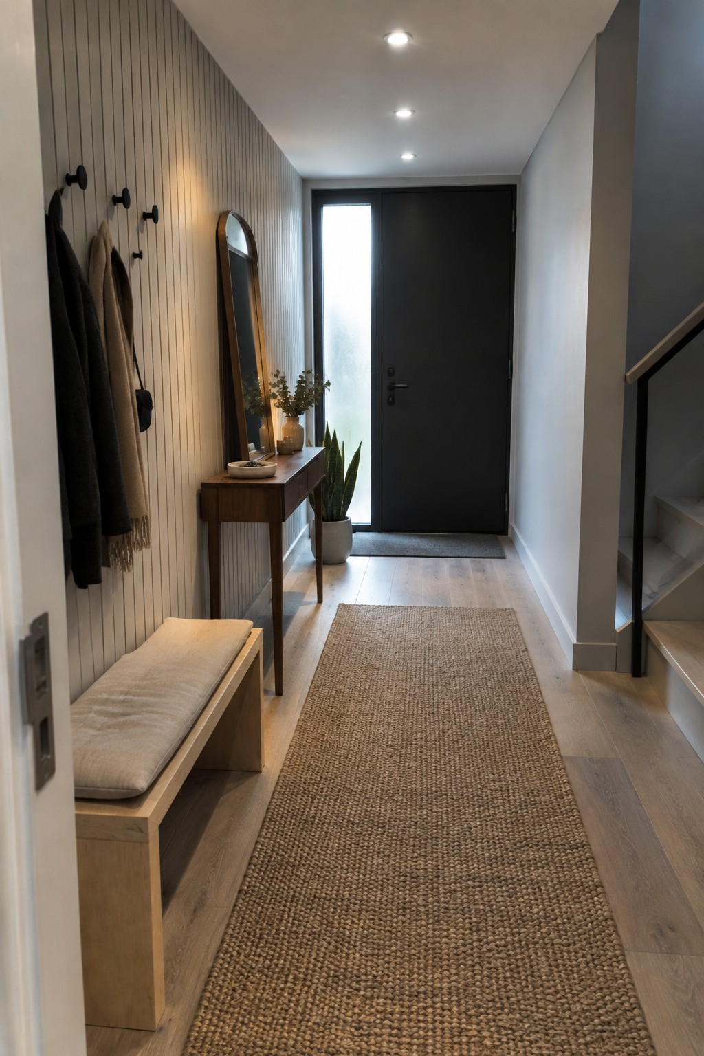 A narrow interior hallway with light wood floors, a long woven runner, a wooden bench with cushion, wall hooks with coats, a mirror and console table, potted plants, and a black front door, lit by multiple recessed ceiling lights.