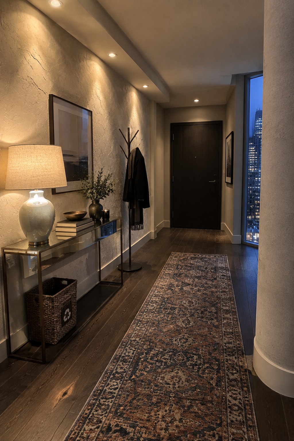 Modern hallway with patterned runner rug, console table, lamp, and coat rack.