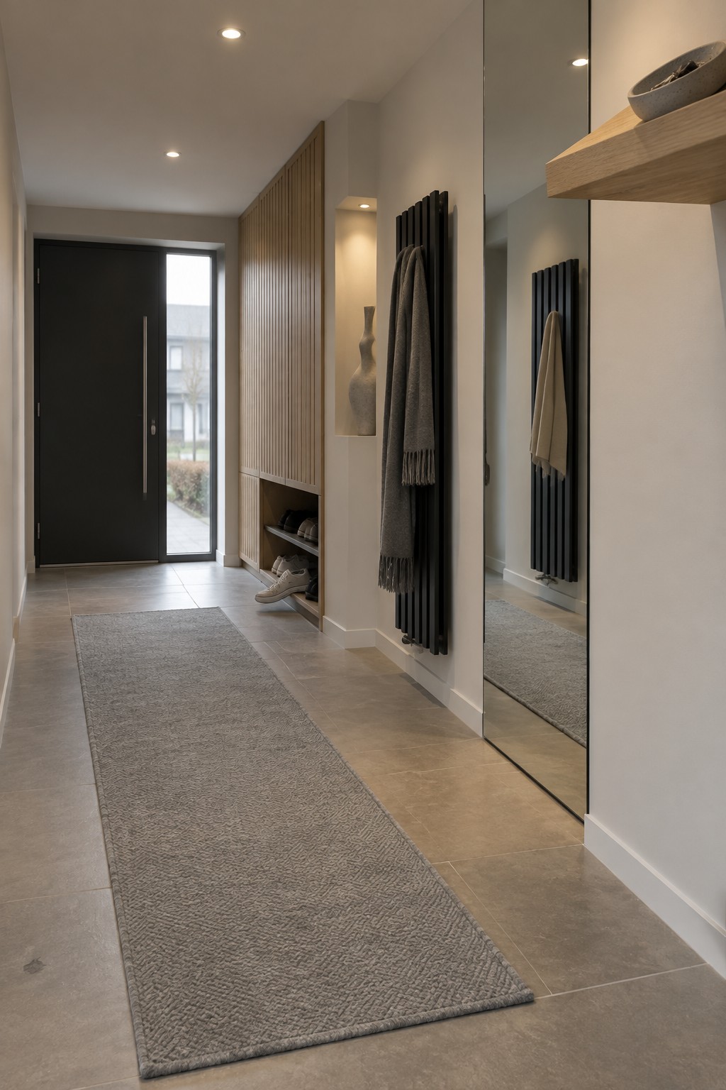 A long narrow interior entry hallway with gray tiled floors, a gray runner rug, built-in light wood cabinetry with shoe storage, a black front door with a vertical window, black vertical radiators, and multiple recessed ceiling lights.