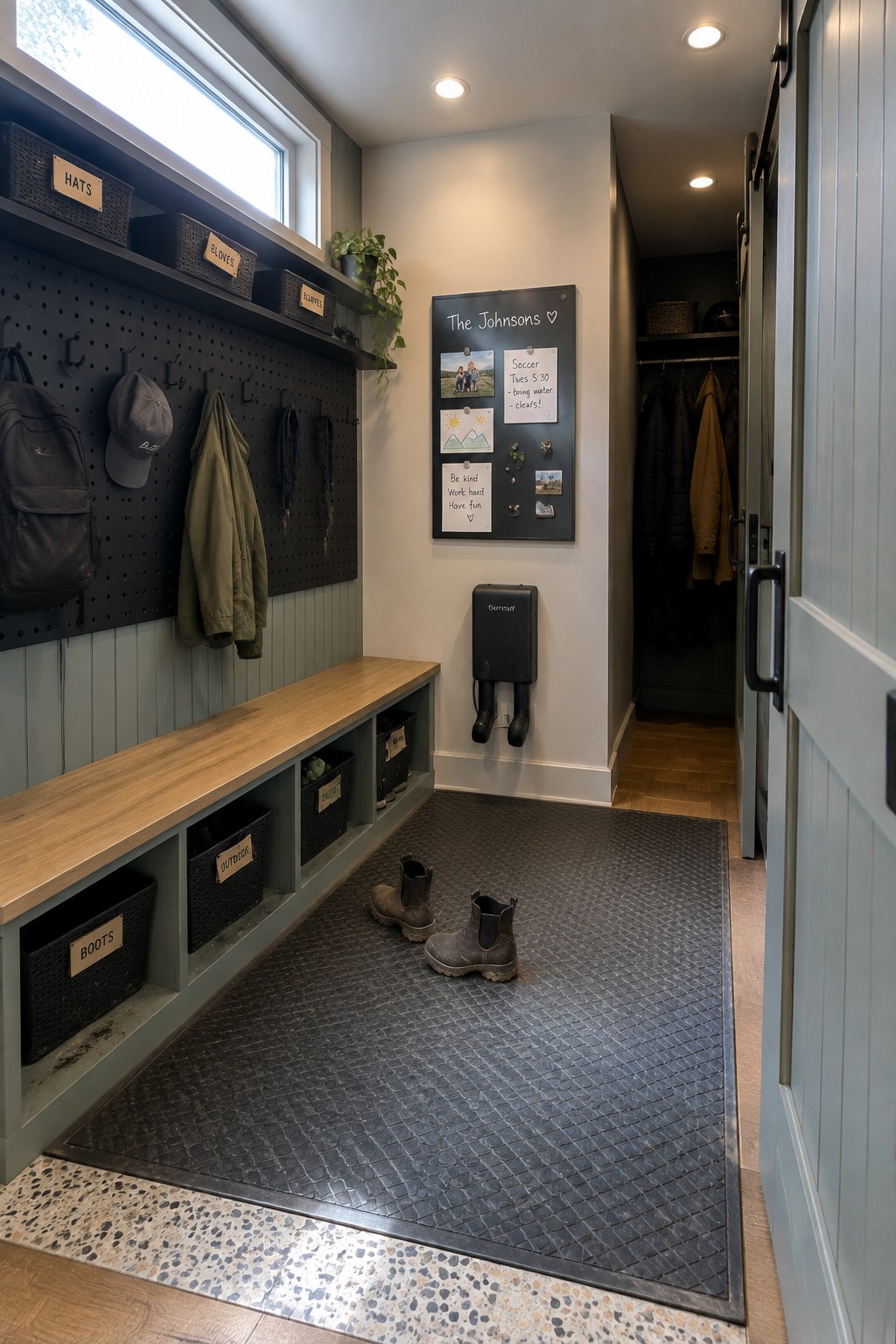 Organized mudroom with pegboard hooks, wooden bench, labeled baskets, boots on rubber mat