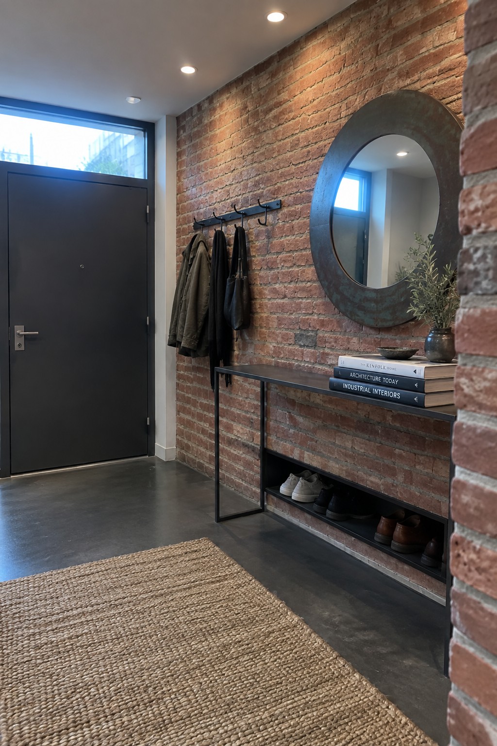 Modern entryway with red brick wall, black console table, round mirror, coats, and woven rug.