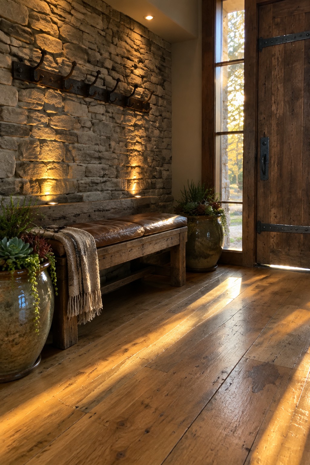 A rustic interior entryway with a stacked stone wall, wooden bench with brown leather cushions, metal coat hooks, large ceramic planters, and an open wooden door with sunlight streaming in.