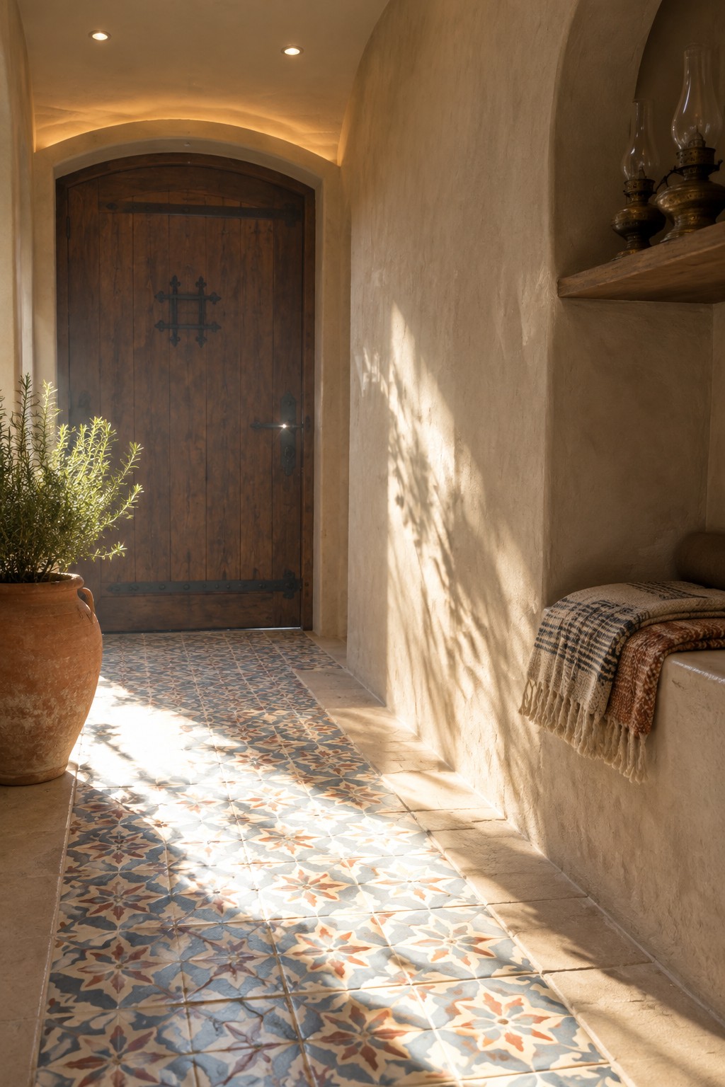 An interior entryway hallway with patterned tile flooring, a large terracotta pot holding a green shrub, a built-in bench with textiles, and a wooden arched door under a ceiling with small recessed lights.