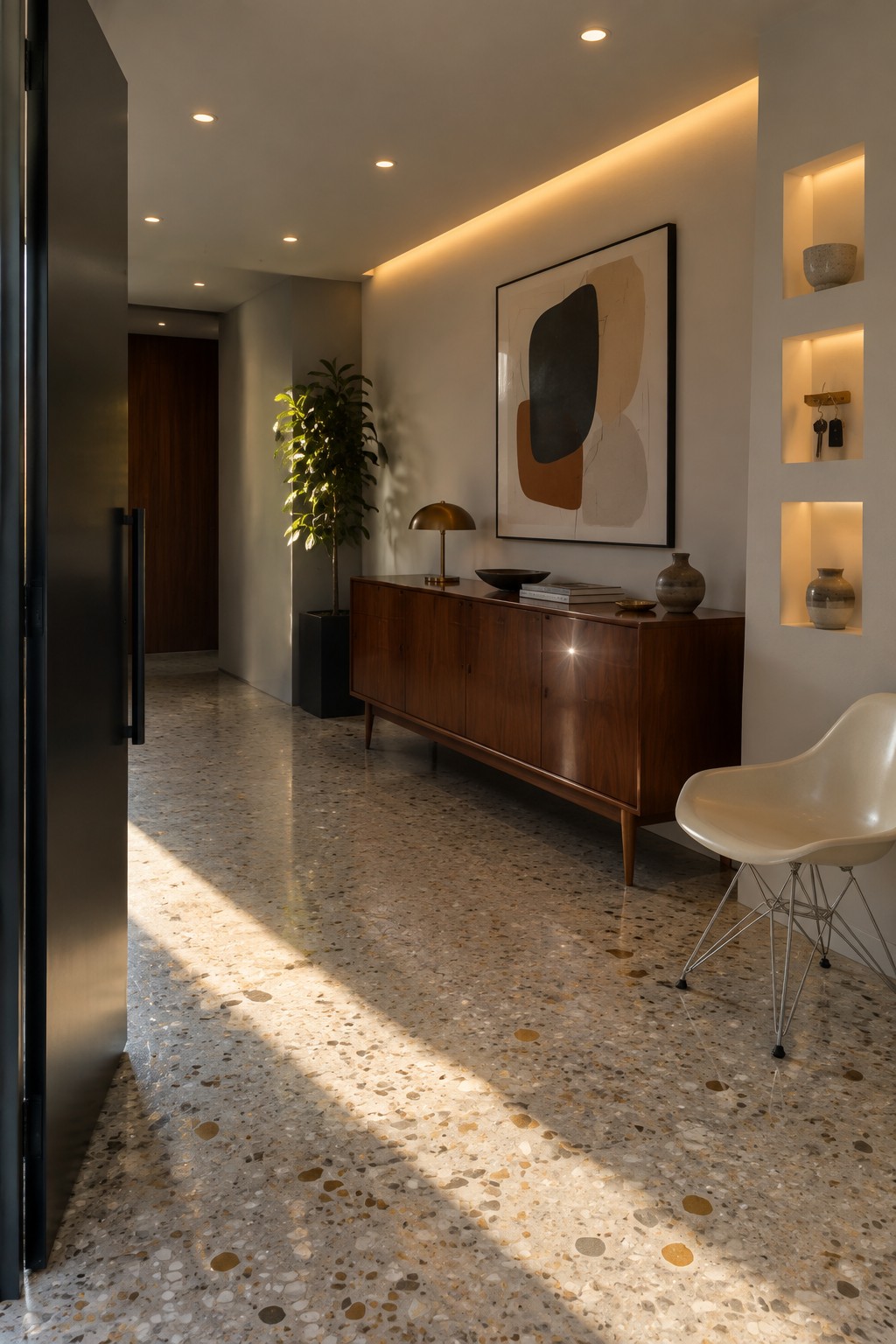 A modern interior entryway featuring recessed ceiling lights, a long horizontal wall cove light, a wooden console table, abstract artwork, and a white chair on terrazzo flooring.