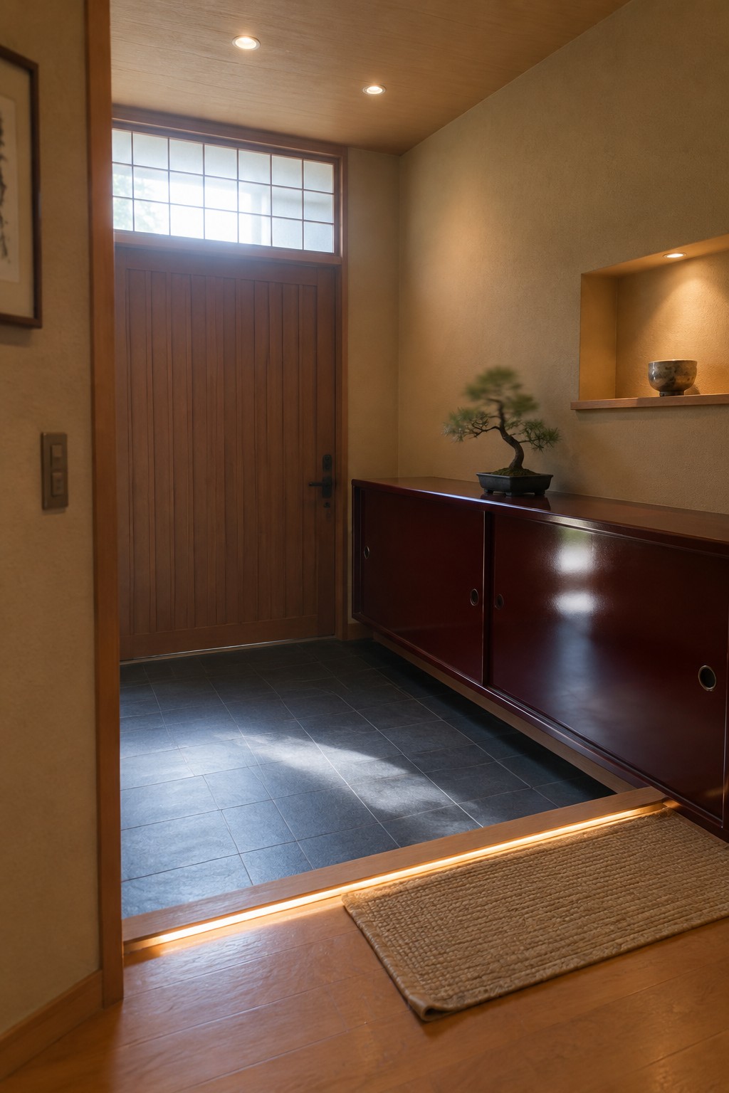 Japanese entryway with wooden door, red cabinet with bonsai, woven mat, warm lighting