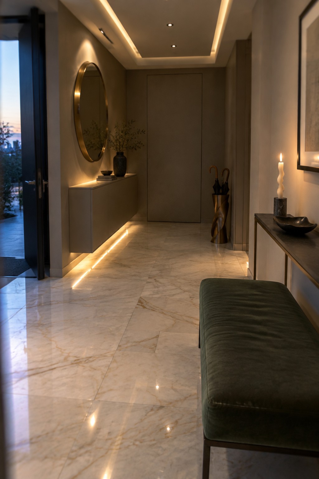 A modern interior entryway with large marble floor tiles, a floating console table lit from below, recessed ceiling lights, a green upholstered bench, and a round mirror on the wall.