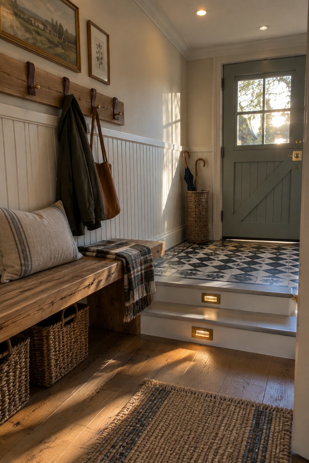 An interior entryway featuring a wooden bench with baskets below, wall-mounted coat hooks, a staircase with patterned tile risers, and recessed step lights illuminating the treads.