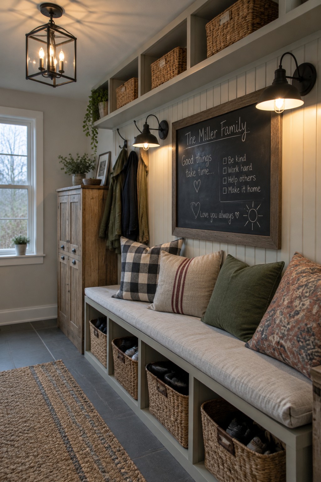 A farmhouse entryway shows a long built-in bench with storage baskets below, a chalkboard on the wall, black metal wall sconces, and a ceiling lantern.