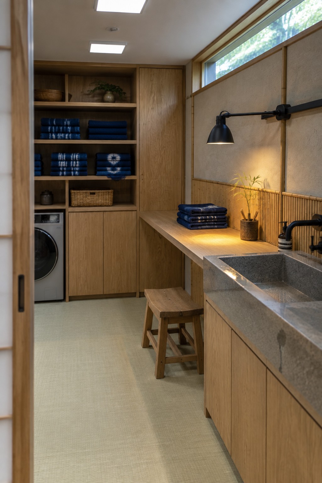 Wooden laundry room with blue towels on shelves, stone sink, tatami floor, and stool