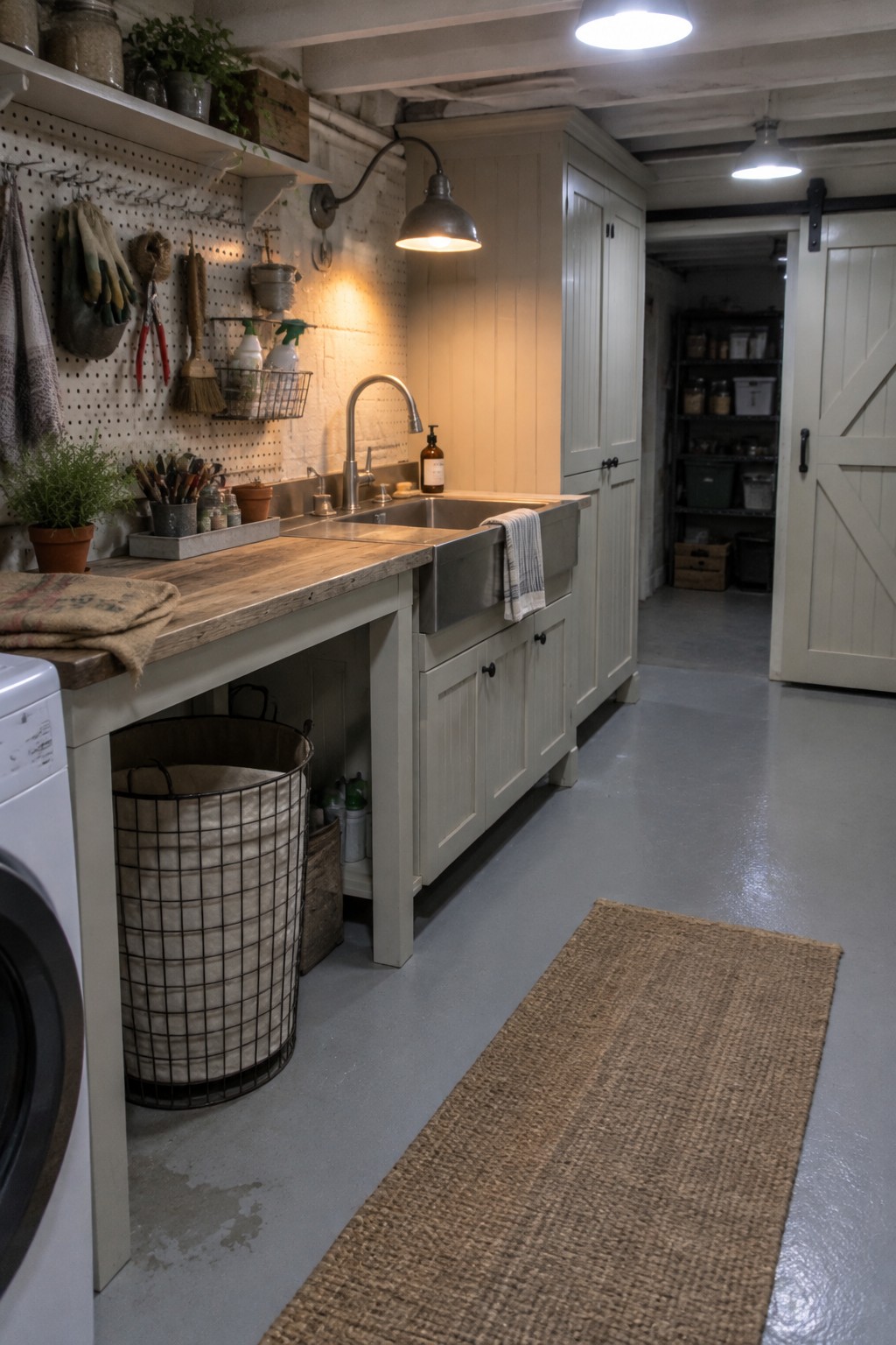 Rustic utility room with farmhouse sink, wooden counter, pegboard tools, and jute rug