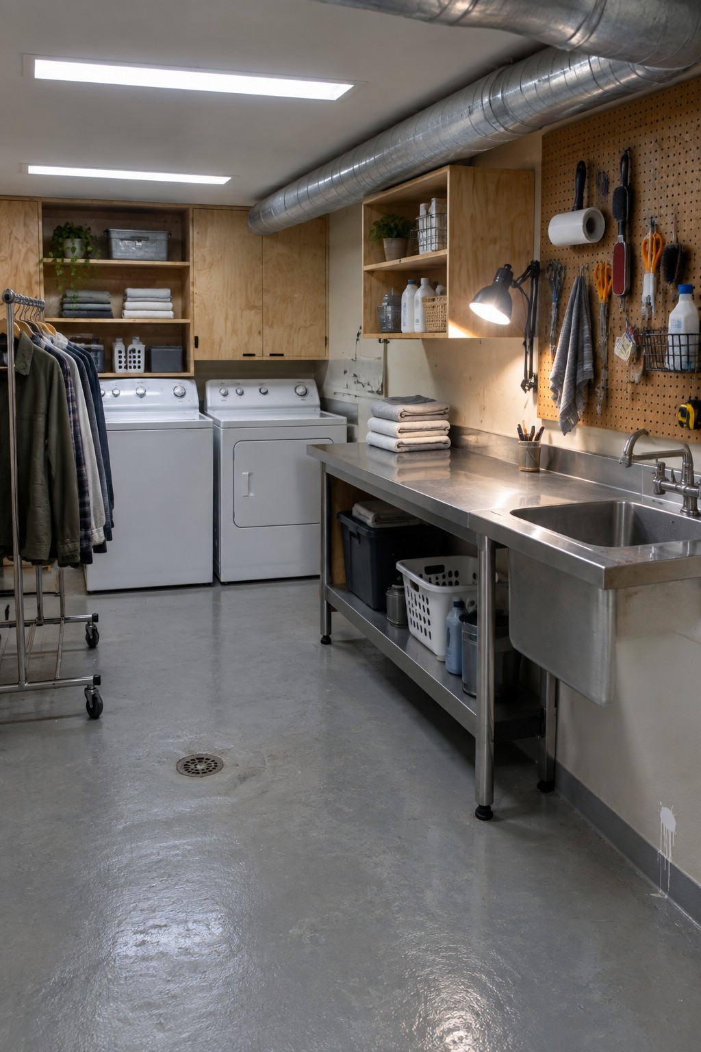 A laundry room with two long fluorescent ceiling lights and a black wall-mounted task lamp above a stainless steel sink and counter.