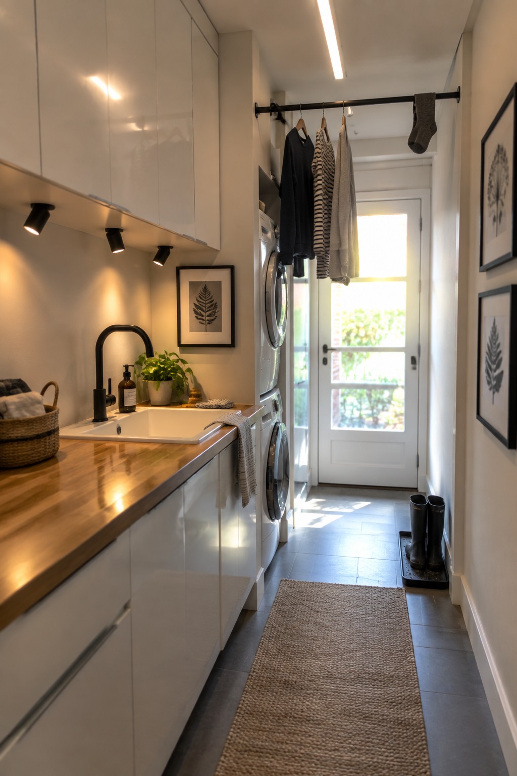 A narrow laundry room with white cabinets, a wooden countertop and sink, stacked washer and dryer, a black linear ceiling light, and under-cabinet task lighting.