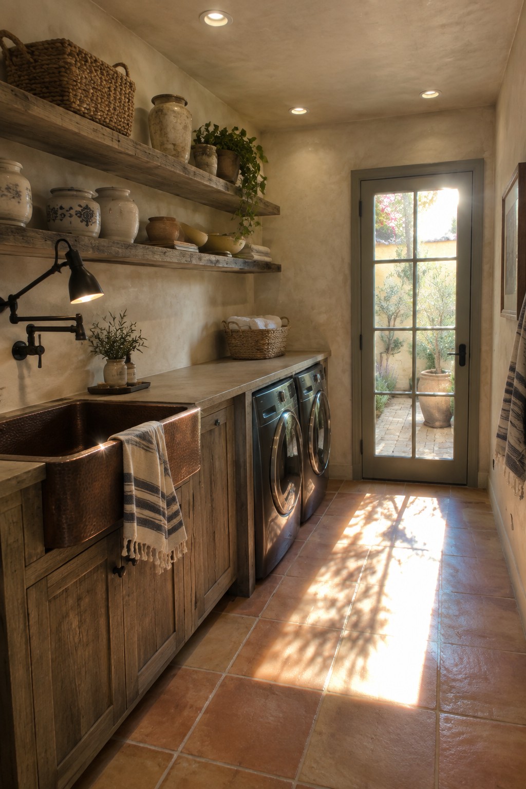 Rustic laundry room with copper sink, wooden shelves, washers, and sunlit terracotta floor.