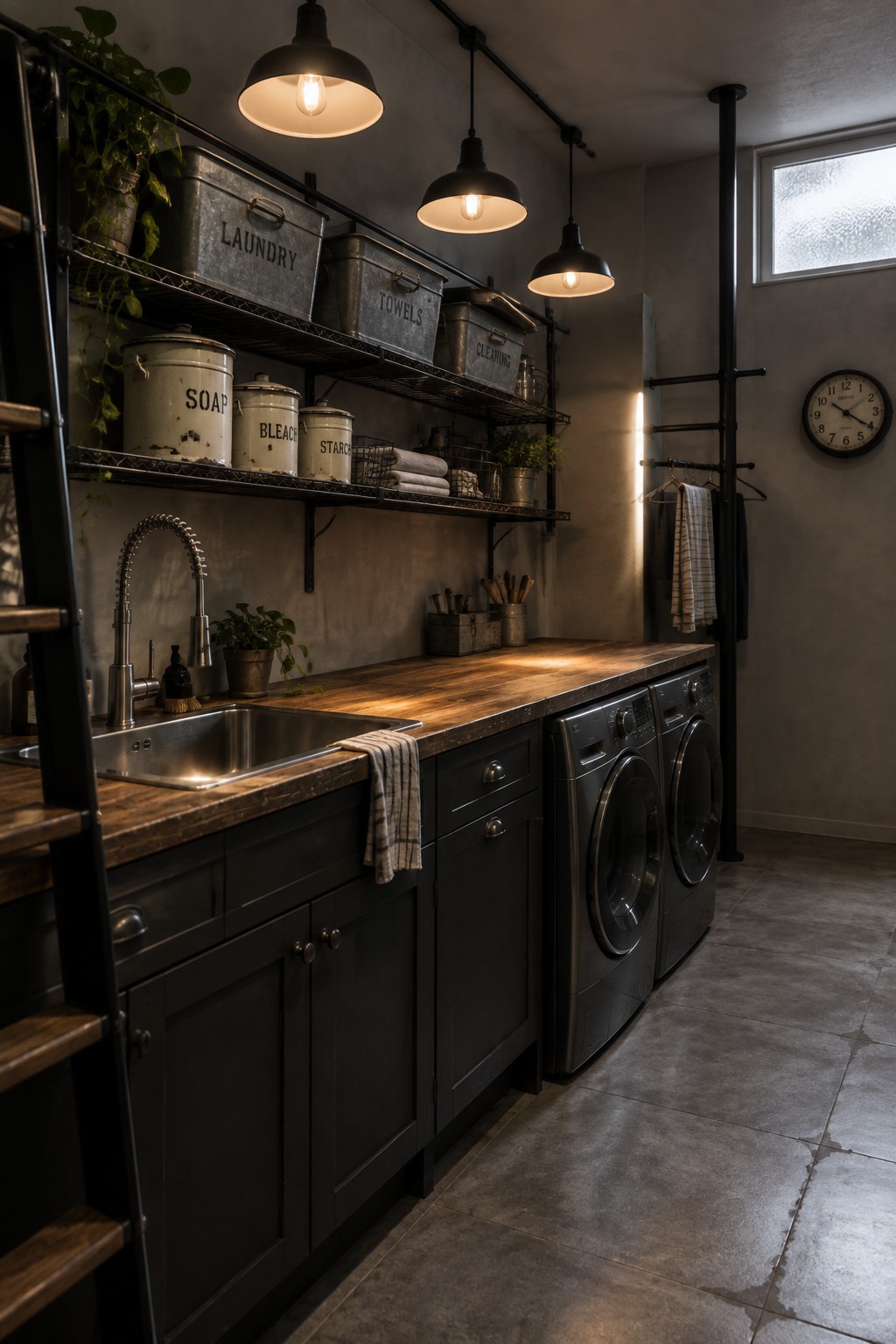 A laundry room interior with dark cabinets, a wooden countertop, a sink, two front-loading washing machines, and three black pendant lights hanging above the counter.