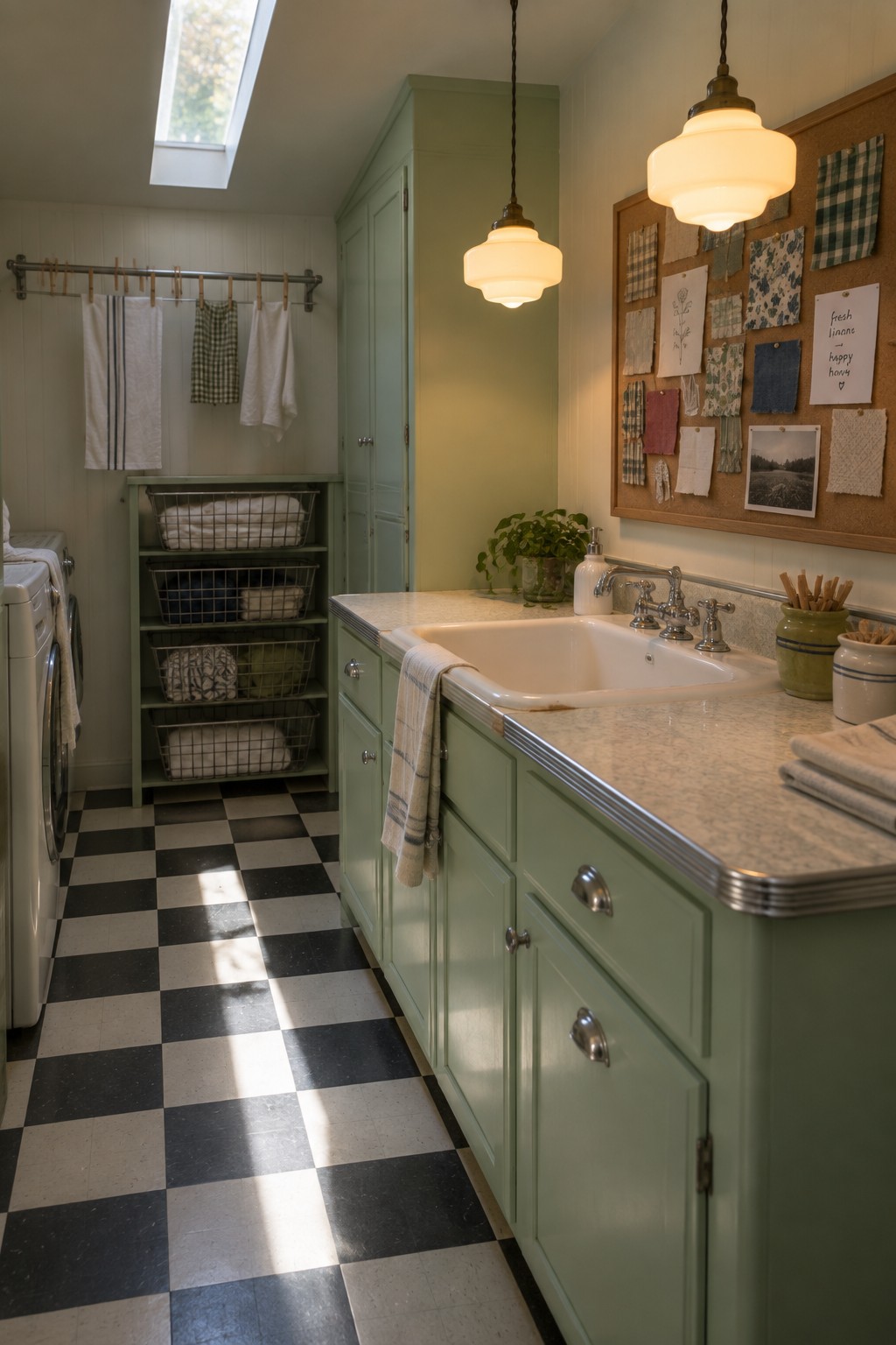 A laundry room with sage green cabinets, a white utility sink, black and white checkered floor, two white glass pendant lights above the sink, and a skylight in the ceiling.
