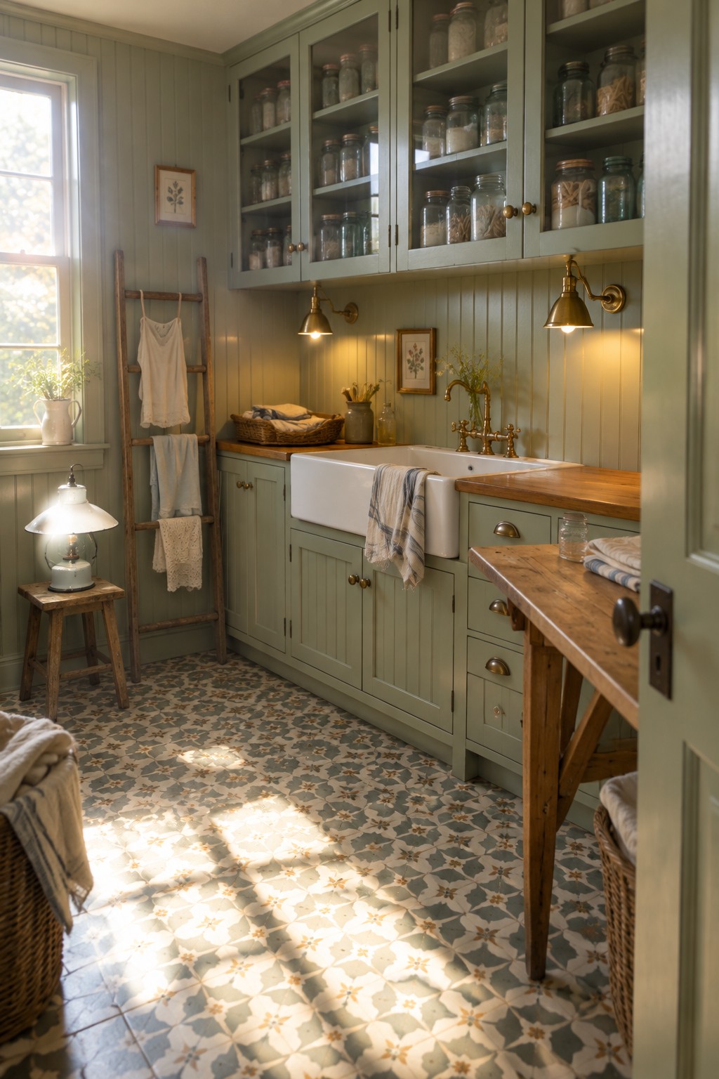 Sunlit sage green kitchen with white farmhouse sink, brass fixtures, and floral tile floor