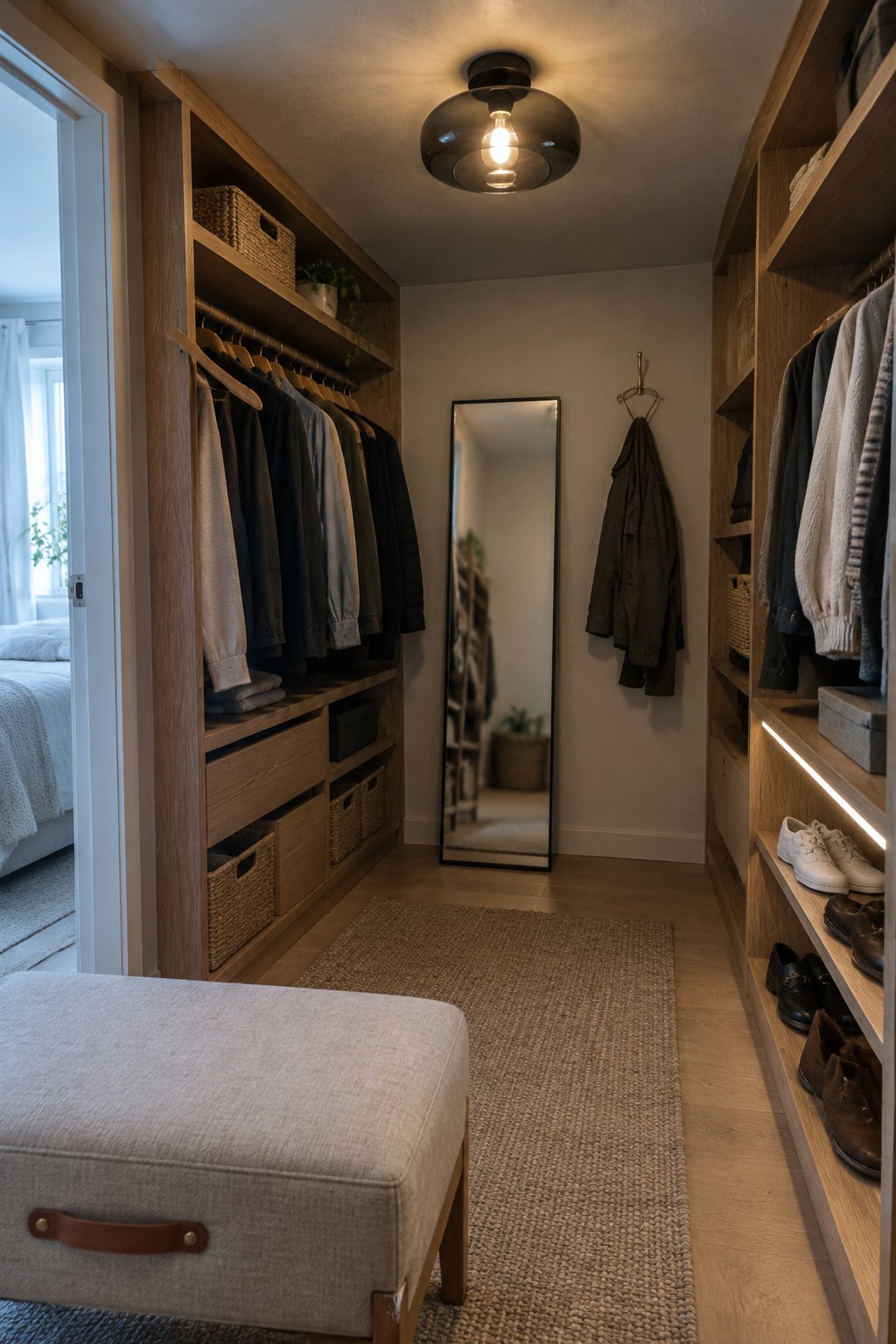 Organized wooden walk-in closet with hanging neutral clothes, shoe shelves, mirror, and bench