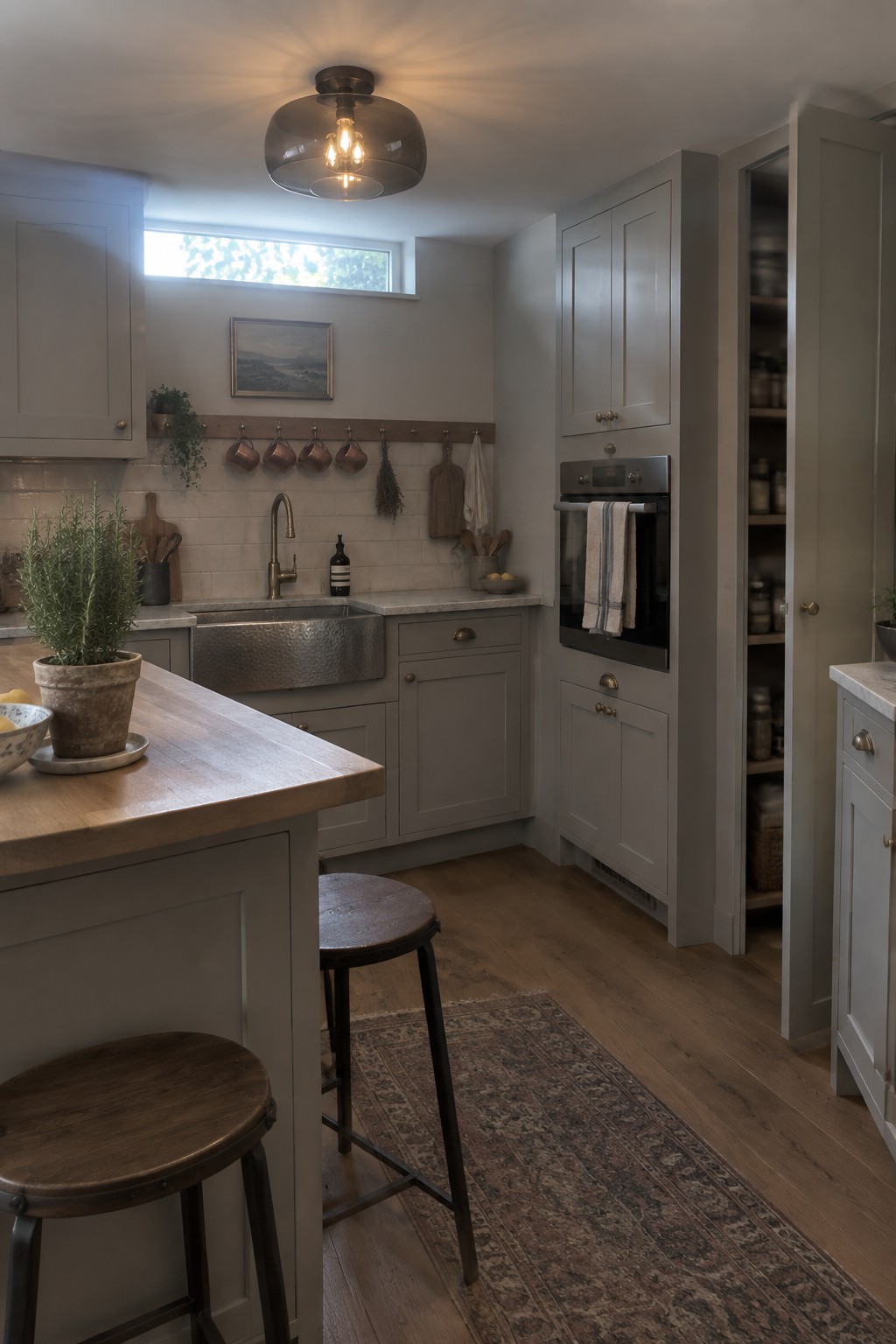A compact kitchen with gray cabinets, a wooden island with two stools, a farmhouse sink, and a semi-flush glass ceiling light.