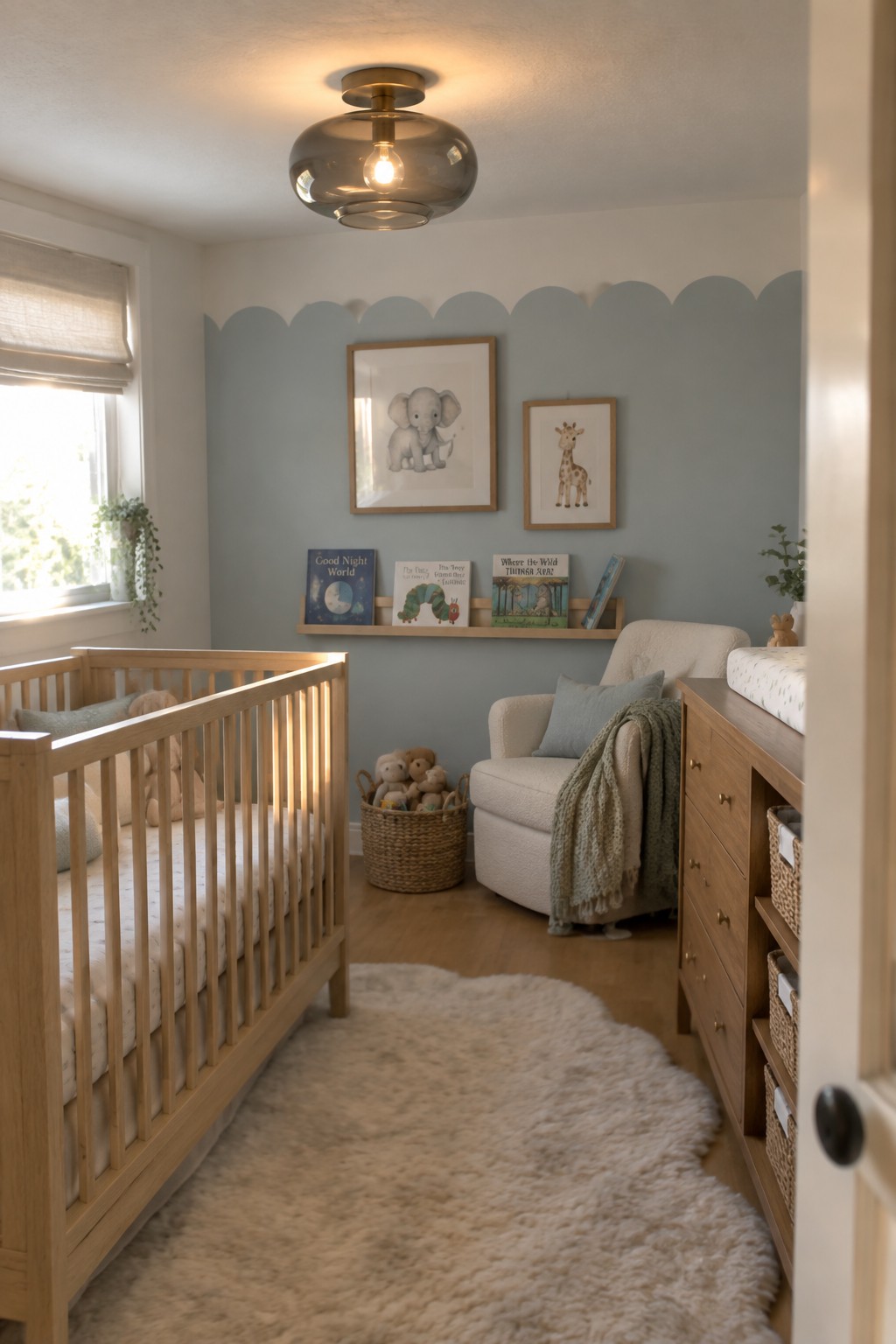 A compact nursery features a light wood crib on the left, a white upholstered armchair, a wooden dresser with baskets, children's books on a wall shelf, and a gray glass semi-flush ceiling light centered on the ceiling.