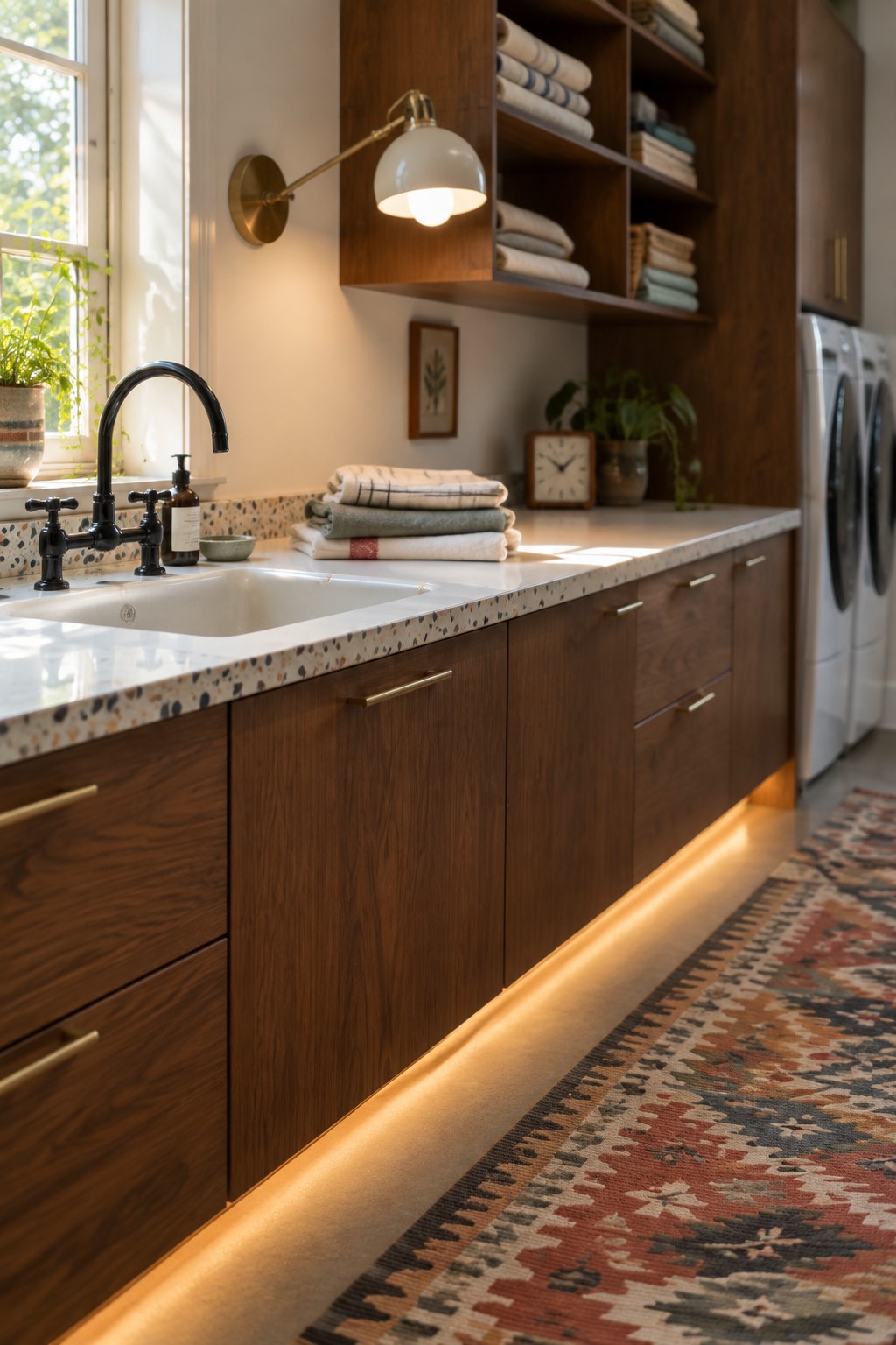 A laundry room with dark wood cabinets, a white countertop and sink, and warm LED strip lighting running along the base of the cabinets.
