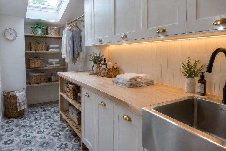 A modern laundry room with white cabinets, light wood countertop, stainless steel sink, woven baskets on open shelves, and warm under-cabinet lighting along the backsplash.