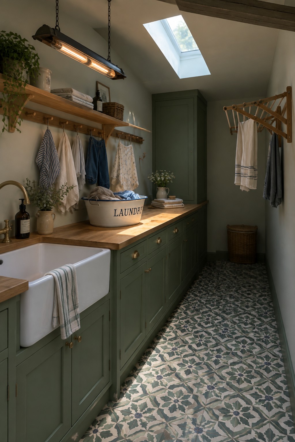A narrow laundry room with sage green cabinets, a wooden countertop, white farmhouse sink, patterned floor tiles, and a long black pendant light hanging above the counter under a skylight.