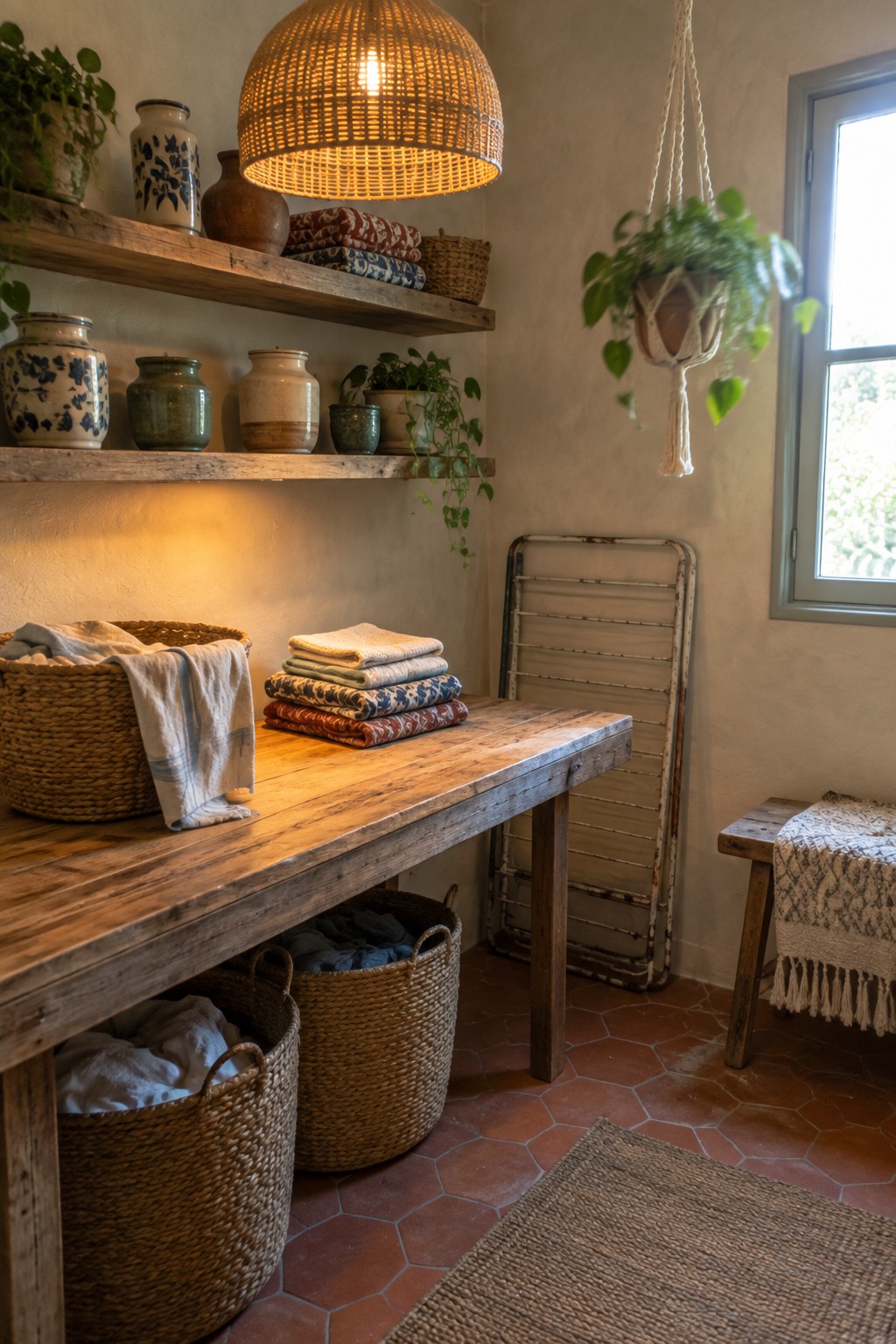 A rustic laundry room with a wooden table holding folded linens, woven baskets underneath and on the surface, and a large woven pendant lamp hanging above the table.
