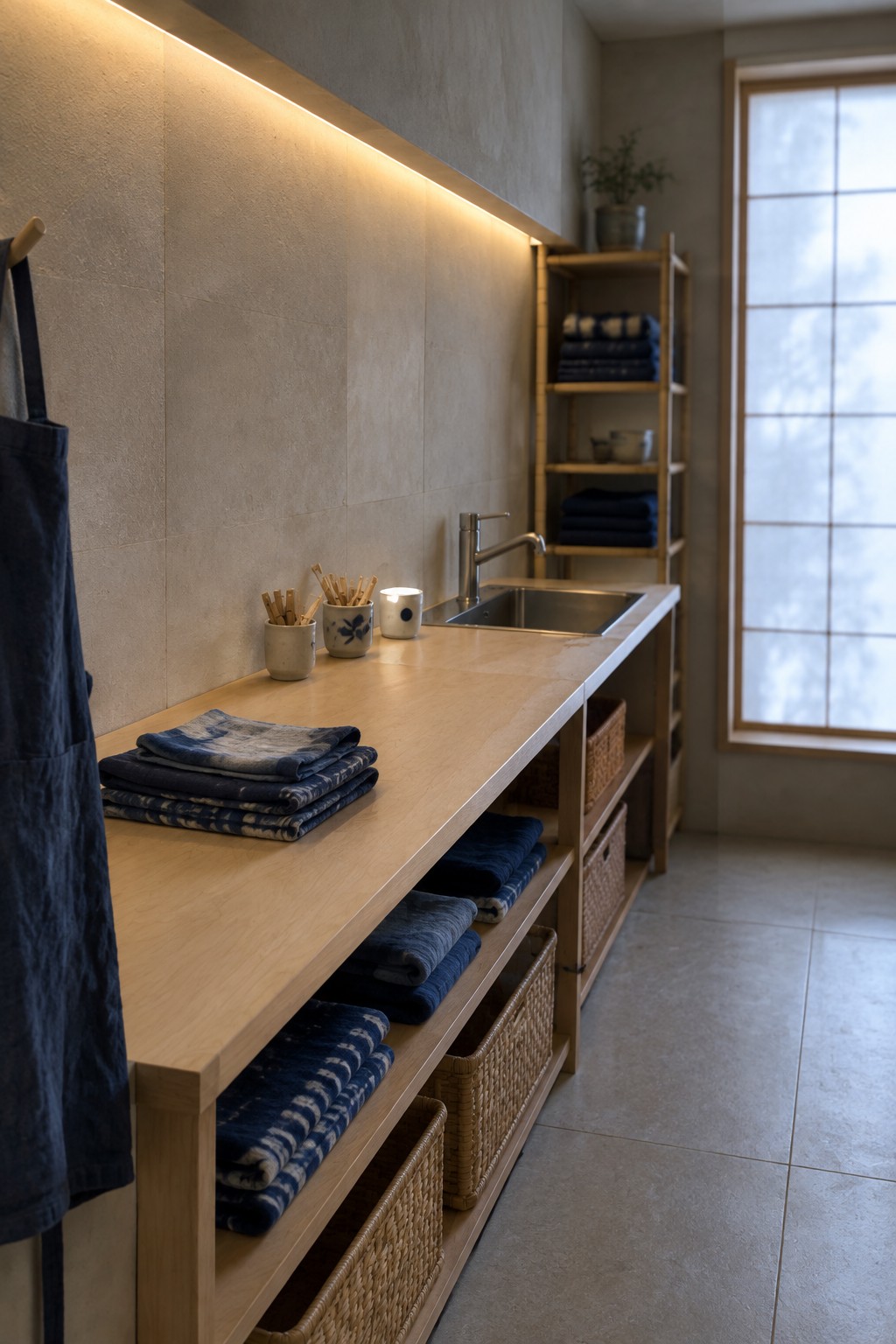 A long wooden laundry counter with a linear LED light strip above it, a stainless steel sink, folded towels, and woven baskets on open shelves below.