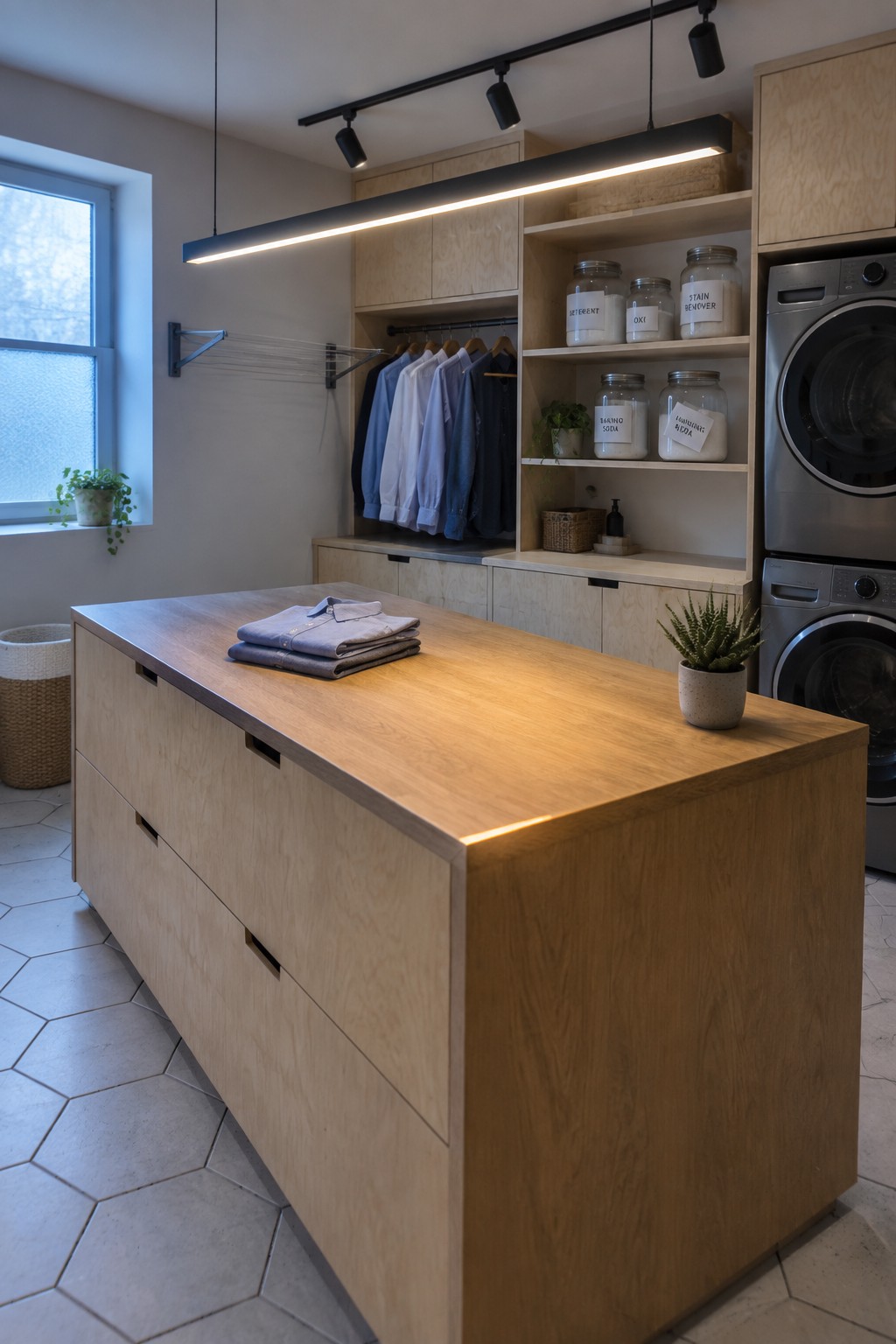 A modern laundry room featuring a large light wood island with folded shirts on top, a long linear pendant light above it, open shelving with labeled jars, and a hanging clothes rod in the background.