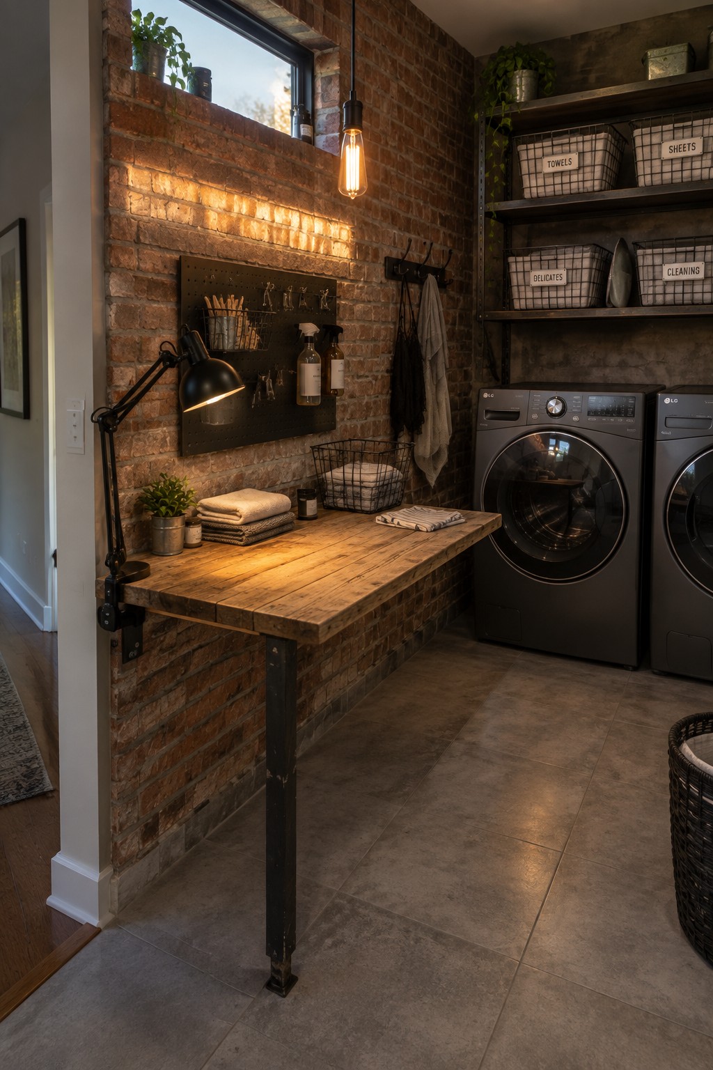 Rustic laundry room with brick wall, wooden table, wire baskets, and gray appliances