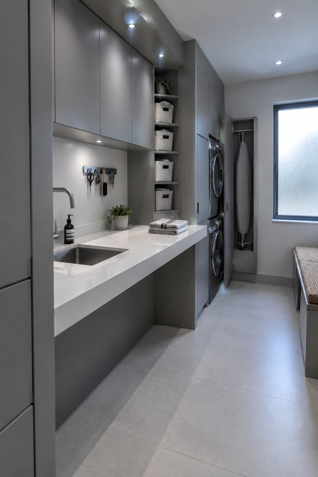 A modern gray laundry room with a long white countertop, sink, upper cabinets, and recessed ceiling lights above the workspace.