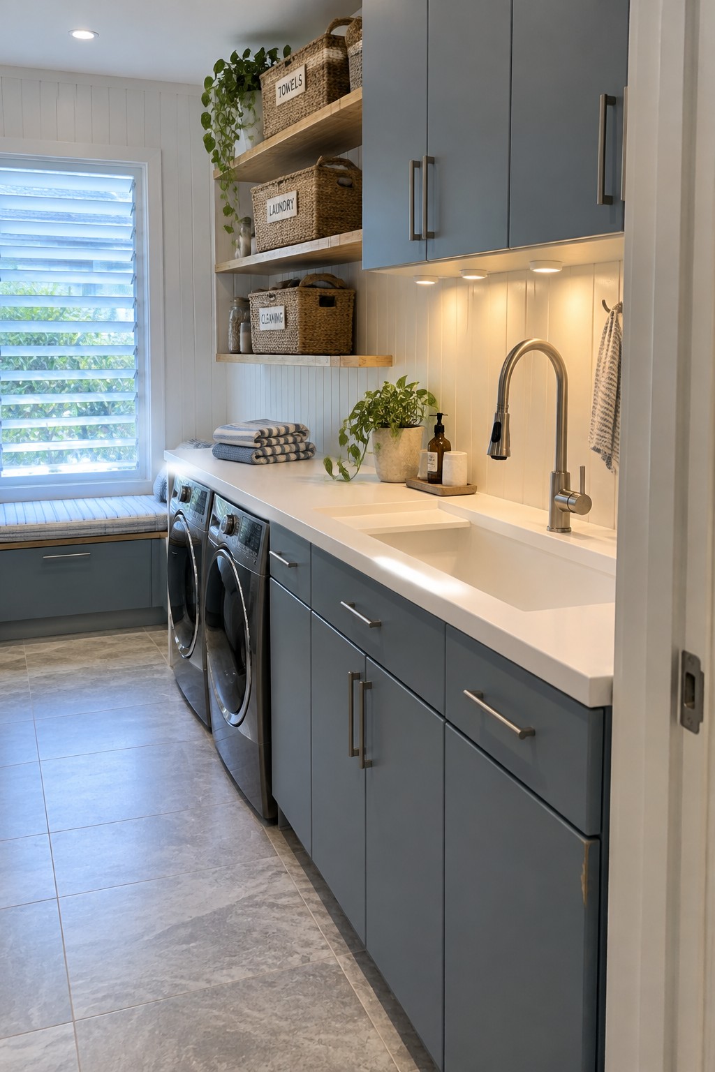 A laundry room with blue-gray cabinets, a white countertop and sink, two front-loading washing machines, and under-cabinet lighting illuminating the counter area.