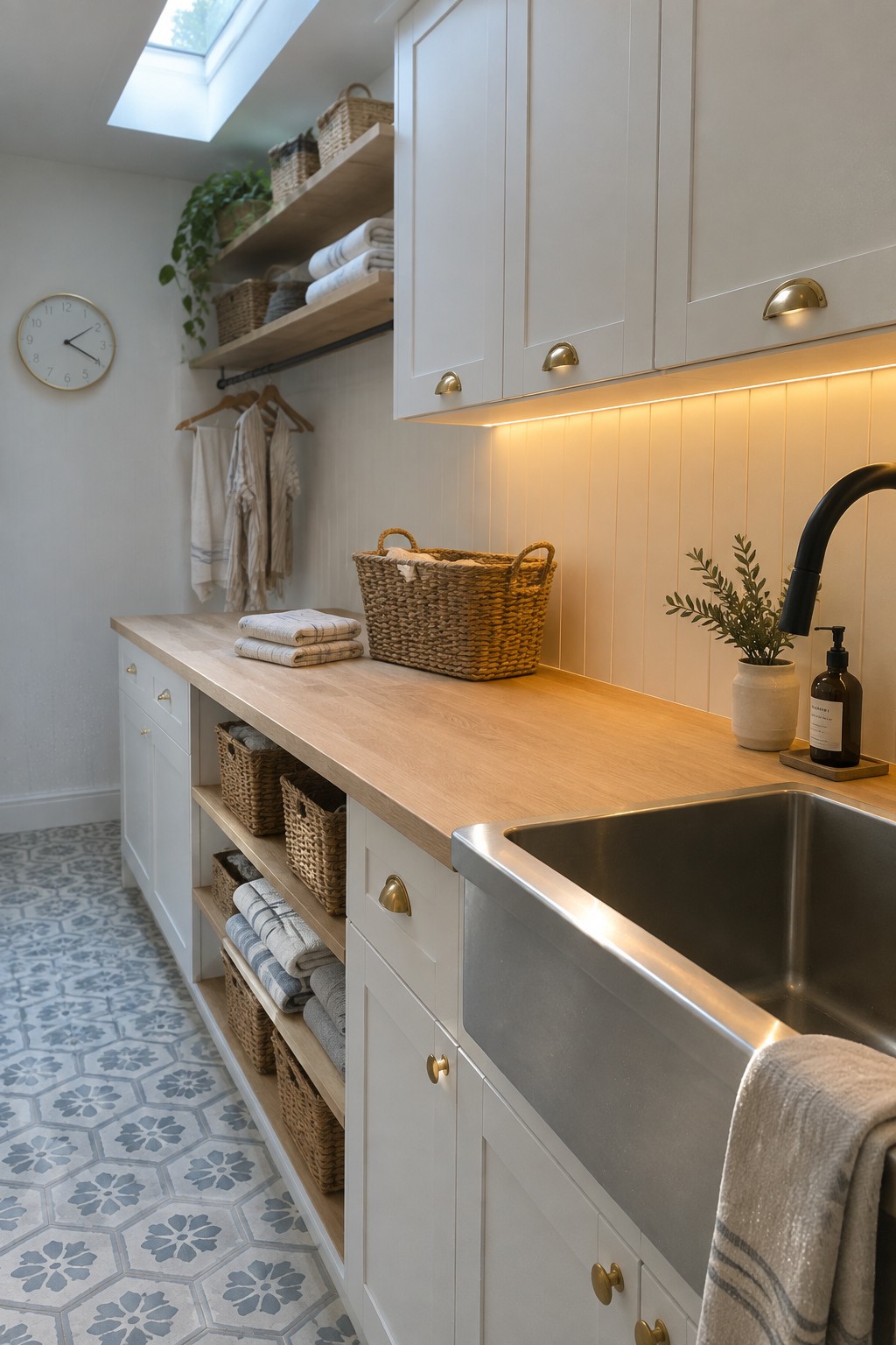 A modern laundry room with white cabinets, light wood countertop, stainless steel sink, woven baskets on open shelves, and warm under-cabinet lighting along the backsplash.