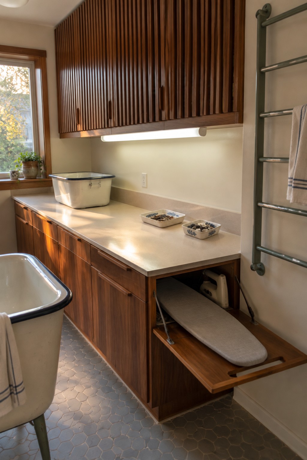Laundry room interior with wooden cabinets, white countertop, long under-cabinet light fixture, and a pull-out ironing board extended from the lower cabinet.