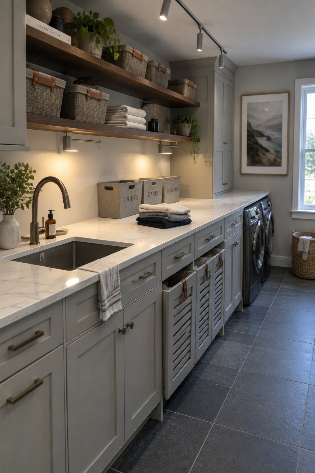 A modern laundry room featuring gray cabinets, a white marble countertop with a sink, open wooden shelves holding baskets and folded towels, and under-shelf lighting illuminating the counter area.