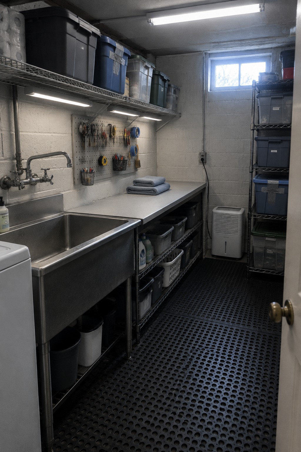A utility room with a long gray countertop, stainless steel sink, metal shelving units holding storage bins, a pegboard with tools, and multiple fluorescent light fixtures.