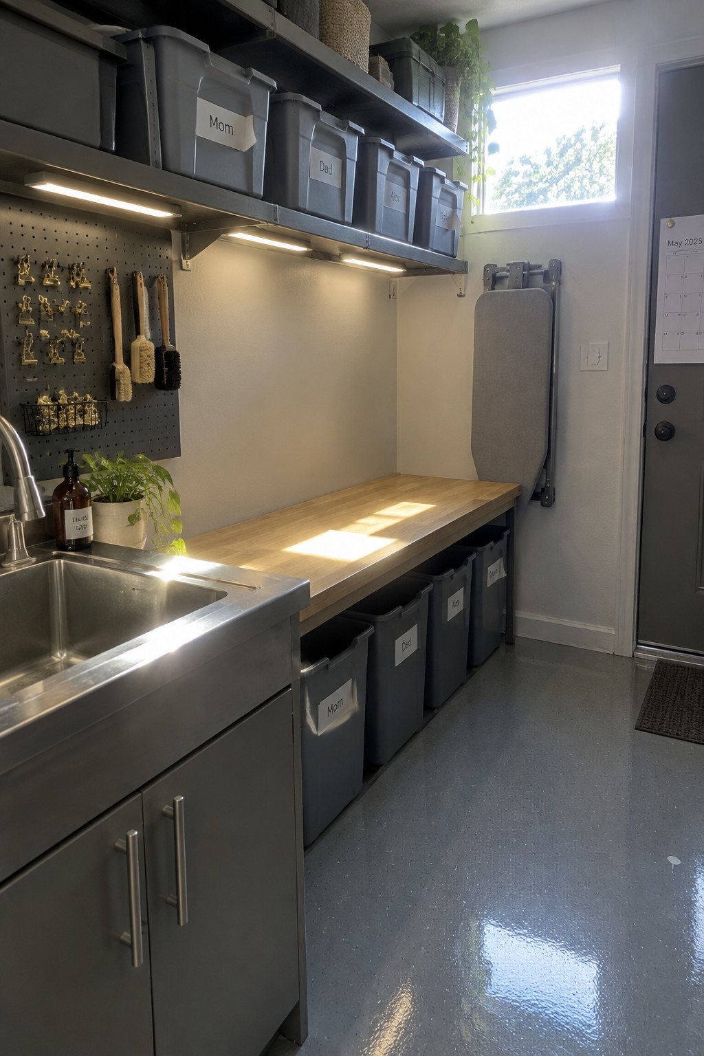A laundry room interior with a long wooden counter, gray storage bins labeled Mom, Dad, Alex, and Evelyn beneath it, a stainless steel sink on the left, and multiple LED light strips mounted under the upper shelves.