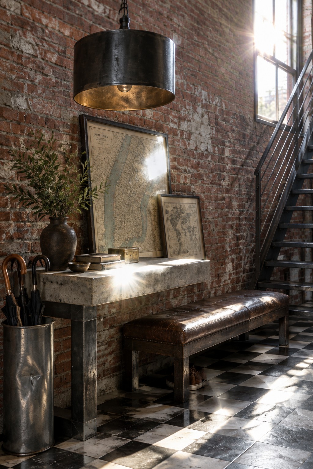 A large black drum pendant light hangs above a concrete console table against a brick wall in an entryway with a leather bench and checkered tile floor.