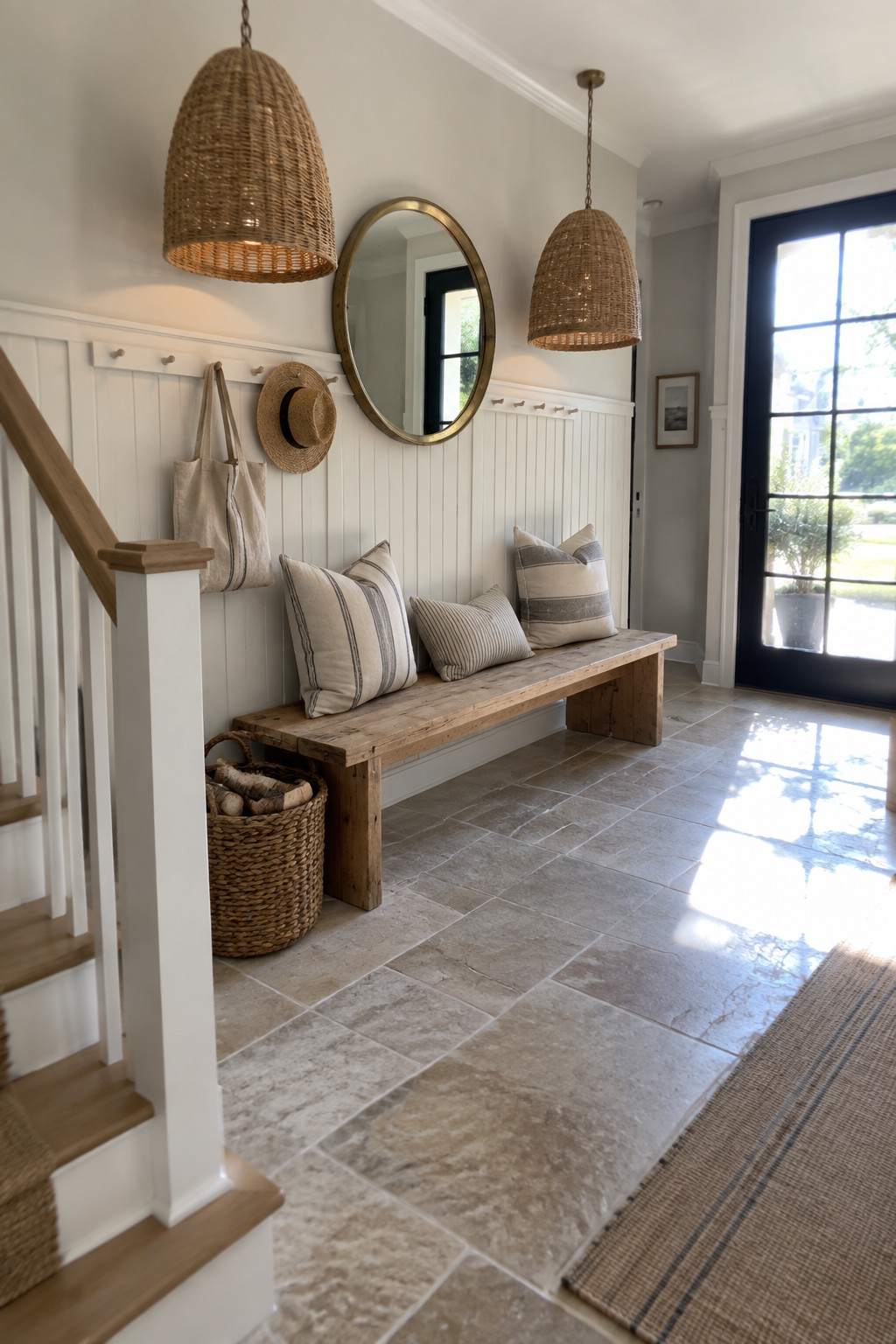 An interior entryway featuring two large woven pendant lights above a rustic wooden bench with striped pillows, a round mirror on the wall, and a staircase to the left.